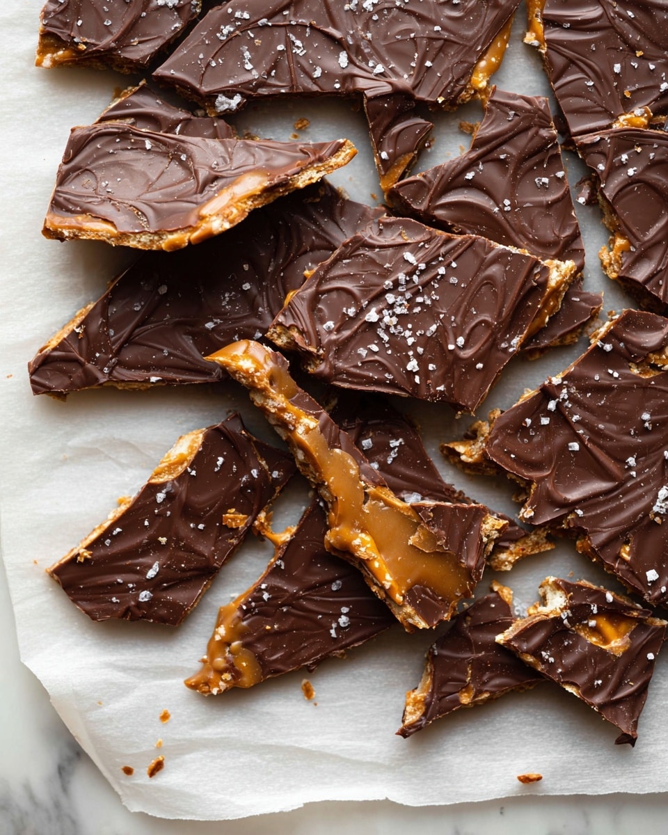 A broken chocolate bark is spread out on white parchment paper over a white marbled surface. The bark has two visible layers: the bottom layer is a light brown caramel with a crunchy texture and bits of pretzel sticks embedded, while the top layer is a smooth, dark chocolate coating with subtle swirled patterns. The chocolate is sprinkled with small flakes of sea salt, adding texture and contrast. The bark pieces are irregular in shape and size, with some crumbs scattered around them. Photo taken with an iphone --ar 4:5 --v 7