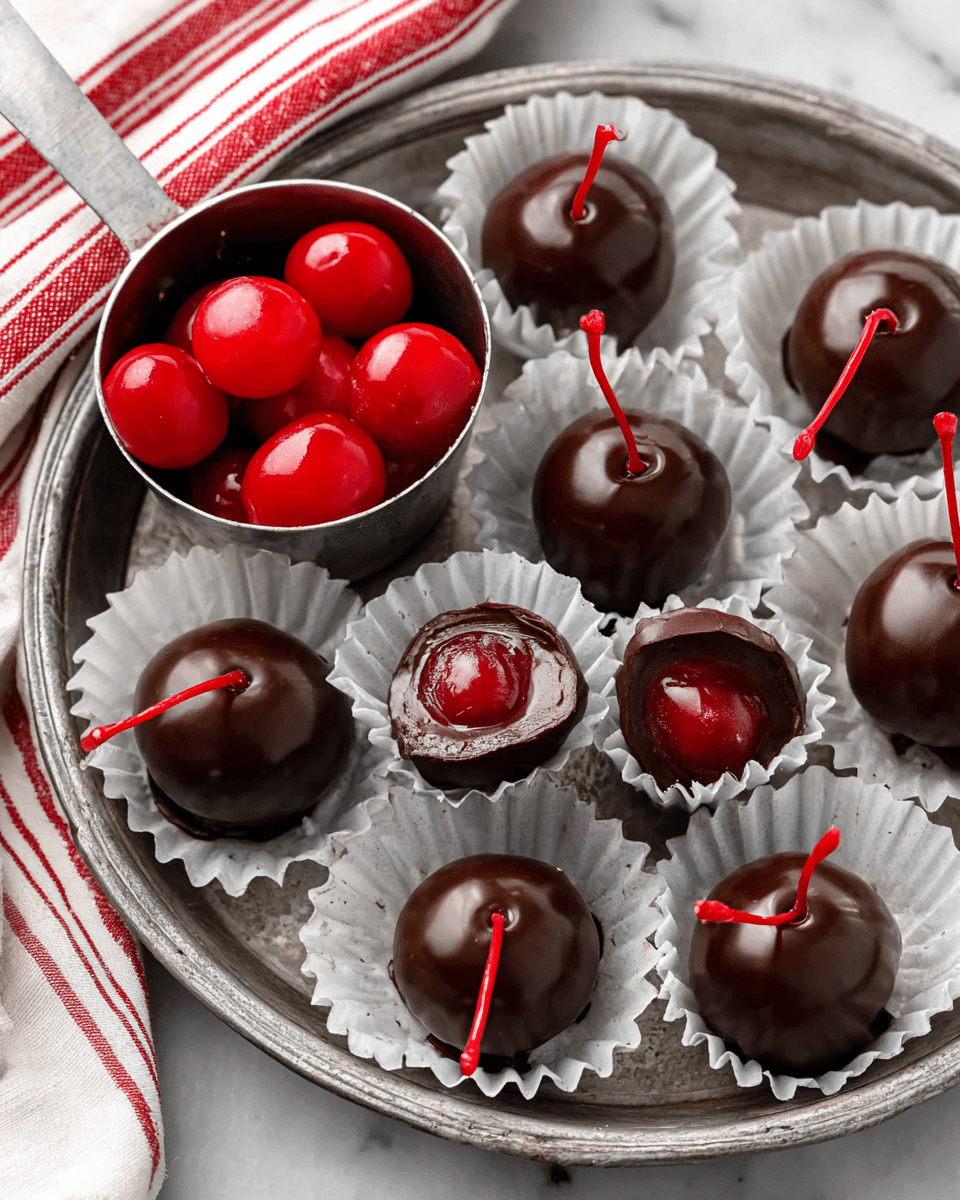 A round metal tray holds several small chocolate-covered cherries, each sitting in white crinkled paper cups arranged closely together. The cherries are deep brown with shiny, smooth chocolate shells and bright red stems peeking out. One cherry is cut in half, showing a glistening red cherry center and white creamy filling inside a dark chocolate shell. A small metal measuring cup filled with bright, glossy red whole cherries sits in the tray’s upper left corner. The tray rests on a white marbled surface with a red and white striped cloth partially visible in the top left corner. Photo taken with an iphone --ar 4:5 --v 7