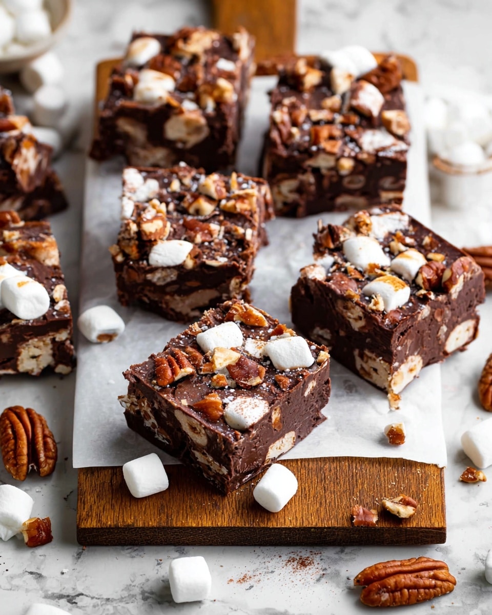 The image shows several thick square pieces of rocky road fudge arranged on a white parchment paper over a wooden cutting board, placed on a white marbled surface. Each square has a rich dark brown chocolate base mixed with white marshmallows and light brown pecan nut pieces visible inside and on top. The marshmallows are soft and fluffy while the pecans add a crunchy texture. Scattered pecan halves and mini marshmallows around the board enhance the look. The fudge squares have a slightly rough surface with some marshmallows partially melted. photo taken with an iphone --ar 4:5 --v 7