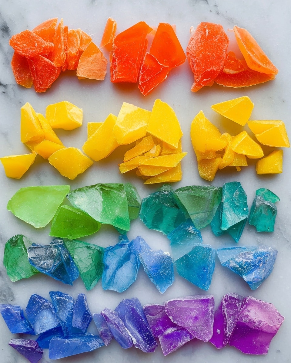 The image shows six rows of colorful, broken candy pieces arranged neatly on a white marbled surface. The top row has bright orange candy shards, the second row is filled with various yellow pieces with some softness in texture, the third row consists of green candy chunks and shards with a mix of smooth and rough edges, the fourth row contains blue candy shards with lighter and darker blue shades, and the bottom two rows show purple candy pieces in different shapes and sizes. The candy pieces have a glossy, translucent look with extra jagged edges on some shards. photo taken with an iphone --ar 4:5 --v 7