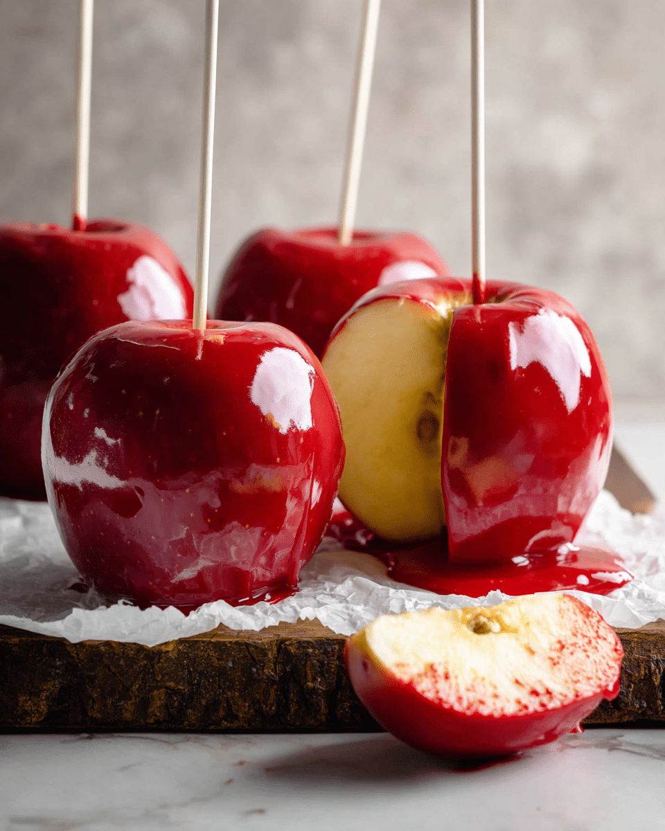 The image shows four shiny candy apples placed on crumpled white paper on a rough wooden board with a white marbled background. The apples have three layers: a smooth bright red candy coating on the outside, a pale yellow apple flesh inside, and a white stick inserted from the top center running through the middle. One apple is cut in half, revealing the core and the thick candy coating with a droplet forming near the base. In front, there is a separate slice showing a smooth inside texture and red candy dripping slightly at the edges. Photo taken with an iphone --ar 4:5 --v 7