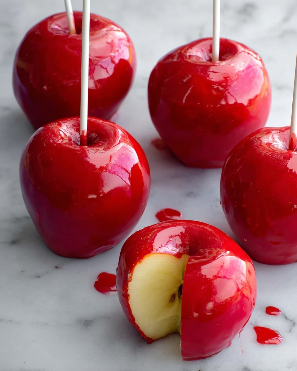 Five bright red candy apples with a glossy, smooth coating sit on a white marbled surface. Each apple has a white stick inserted at the top center, serving as a handle. One apple in the lower part of the image has a large wedge cut out, revealing the yellowish, juicy apple flesh inside, with a thin layer of shiny red candy covering it. The apples have round, slightly irregular shapes with the candy coating fully covering each fruit. Small red drips of the candy coating are visible near the cut apple and some edges, contrasting with the white marble underneath. photo taken with an iphone --ar 4:5 --v 7