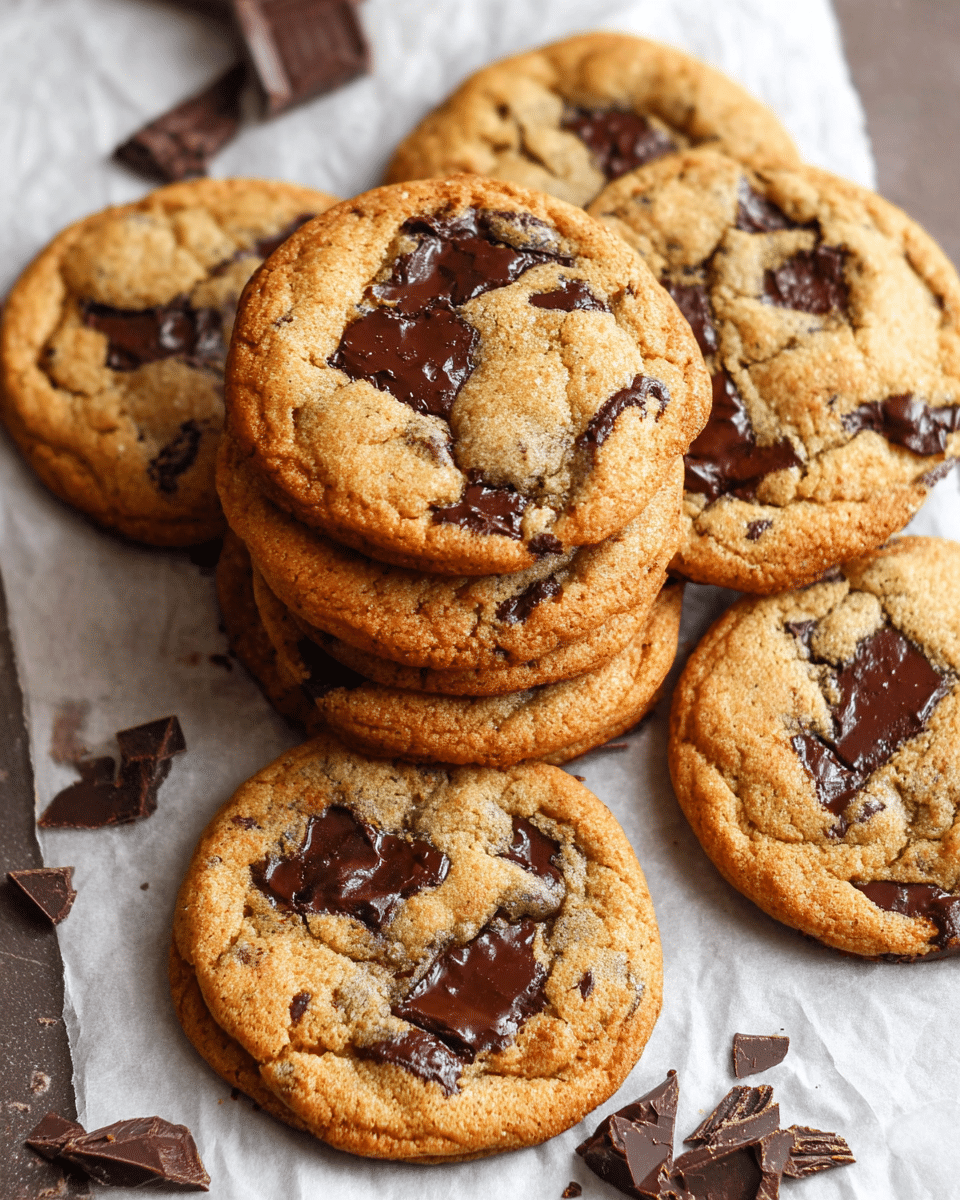 A close-up of seven round chocolate chip cookies stacked loosely together, showing their golden-brown surface with large, melted dark chocolate chunks unevenly spread through each cookie. The cookies have a soft, slightly cracked texture and are placed on a piece of white parchment paper on a white marbled surface. Scattered around the cookies are broken pieces of dark chocolate, adding to the rich, homemade look of the scene. Photo taken with an iphone --ar 4:5 --v 7