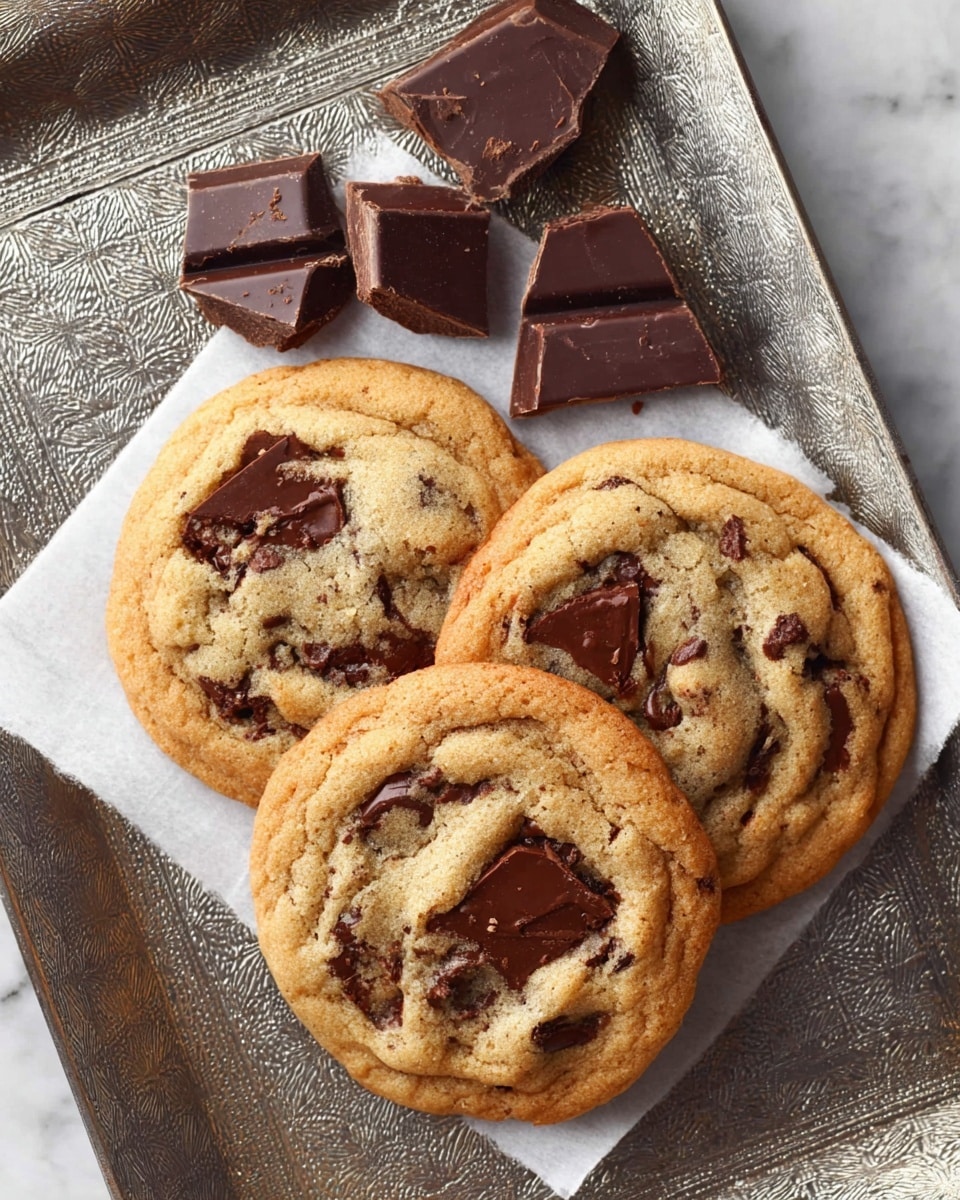 Three chocolate chip cookies are closely placed on a piece of white parchment paper, which rests on a textured silver tray. The cookies have a golden-brown color with a soft, slightly cracked surface, showing large, dark brown chunks of melted chocolate embedded throughout. Above the cookies, broken pieces of dark chocolate sit on the tray, adding a rich contrast to the warm tones of the cookies. The scene is set against a white marbled texture. photo taken with an iphone --ar 4:5 --v 7