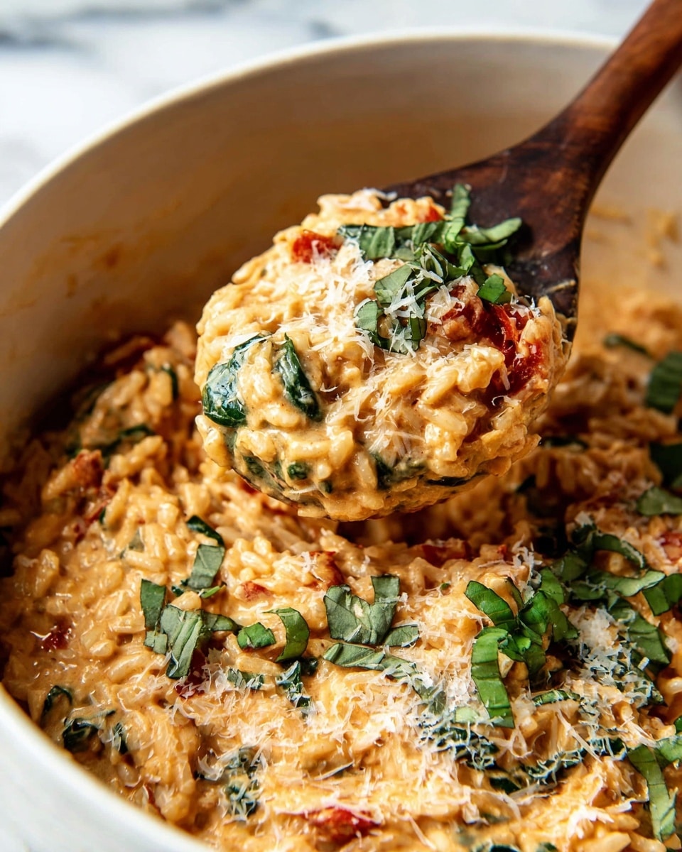 A close-up view of a creamy dish in a white bowl showing one thick layer of orange-brown creamy rice mixed with pieces of green spinach and red tomato bits. It is topped with chopped fresh green basil leaves and a light sprinkle of grated white cheese, sprinkled unevenly for texture. A wooden spoon holding a scoop of the rice mixture is held above the bowl, showing the soft, moist texture and colorful mix of ingredients. The background is a white marbled texture. photo taken with an iphone --ar 4:5 --v 7