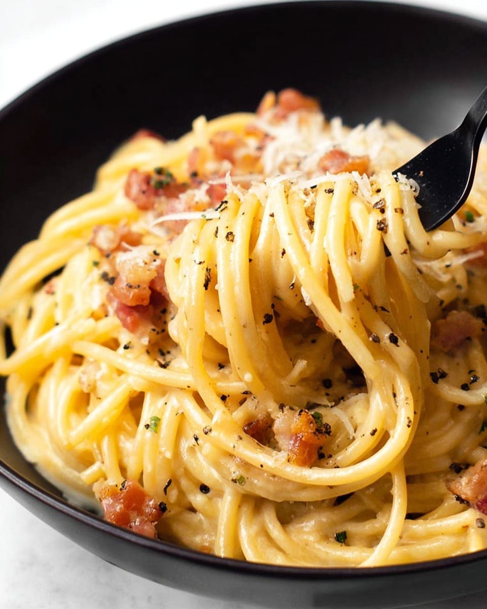 A close-up view of a black bowl filled with creamy yellow spaghetti pasta coated in a rich sauce, twisted around a black fork with bits of light brown cooked bacon pieces visible on top and mixed inside the pasta. The spaghetti strands are smooth and glossy, showing some specks of black pepper scattered over them. The dish has a slightly thick texture with small grated white cheese flakes melting in certain parts. The background is a white marbled texture. photo taken with an iphone --ar 4:5 --v 7
