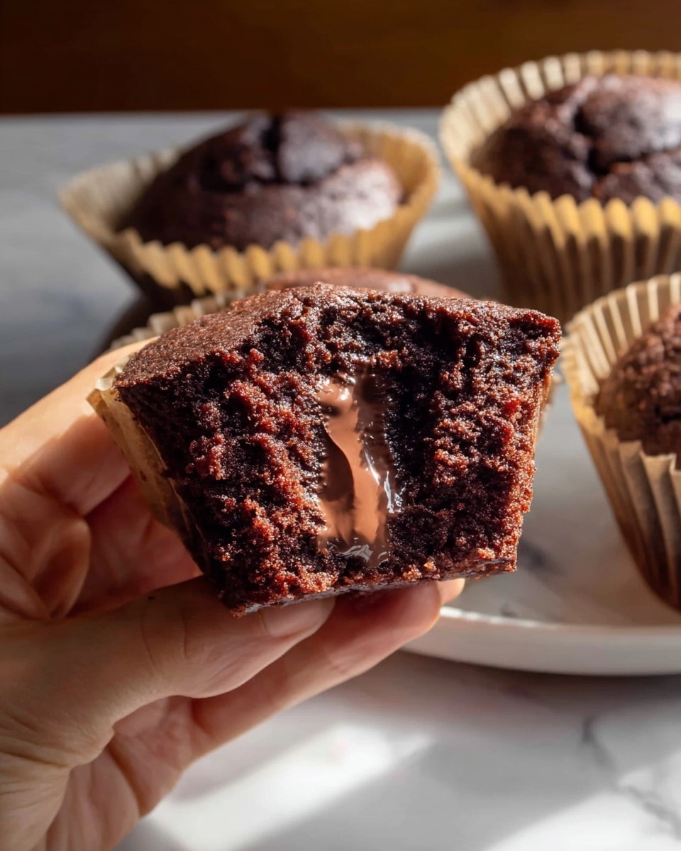 A close-up of a woman’s hand holding a half chocolate muffin showing the inside texture, with a soft, dark brown crumb and a smooth, melted chocolate center running down the middle. In the background, whole chocolate muffins wrapped in parchment paper sit on a white plate, all on a white marbled surface with soft, natural light casting gentle shadows. photo taken with an iphone --ar 4:5 --v 7