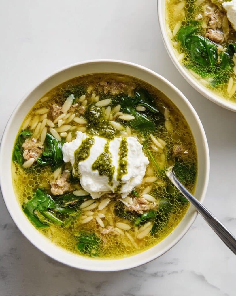 Pasta Pesto Soup With Turkey and Spinach Recipe