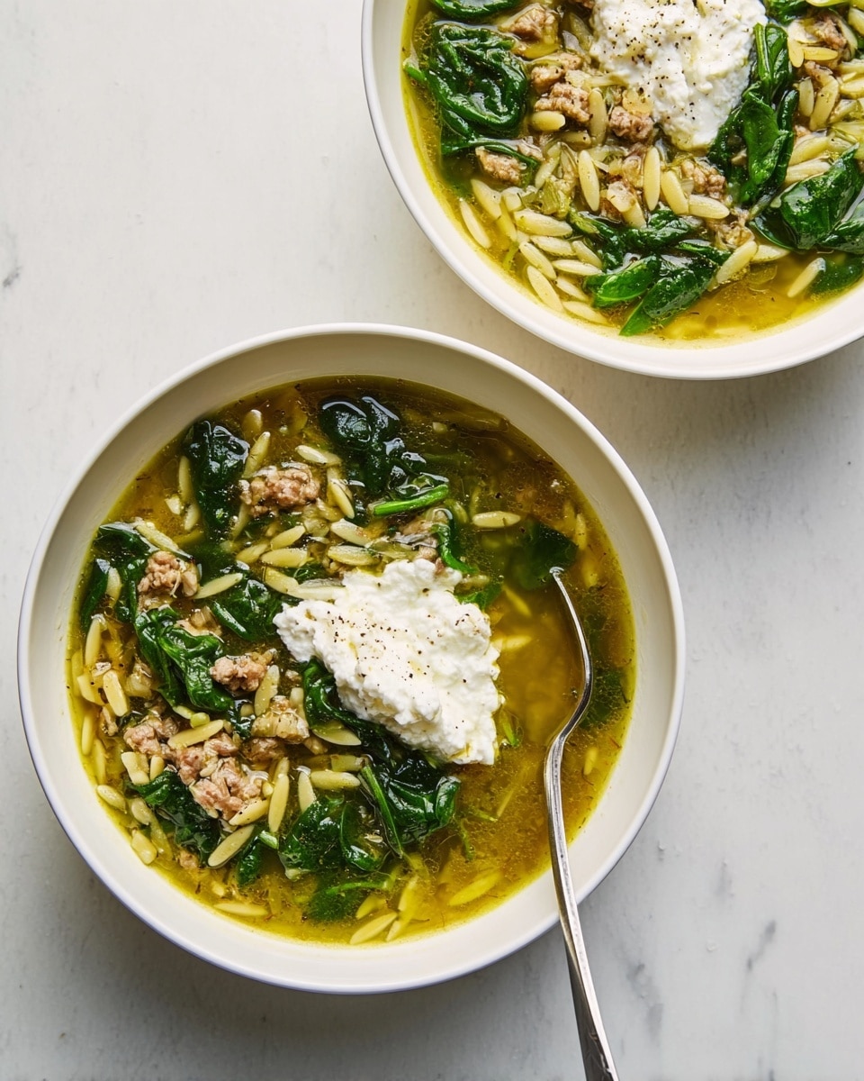 Two white bowls sit on a white marbled surface, each filled with a soup that shows several layers. The bottom layer is a clear greenish-yellow broth full of small bits, topped with light brown ground meat pieces and cooked orzo pasta scattered throughout. Bright dark green spinach leaves spread over the soup, half-submerged. A dollop of creamy white ricotta cheese rests on top of the greens in each bowl. One bowl has a silver spoon inside, near the ricotta. The whole scene looks fresh and inviting in soft natural light. photo taken with an iphone --ar 4:5 --v 7