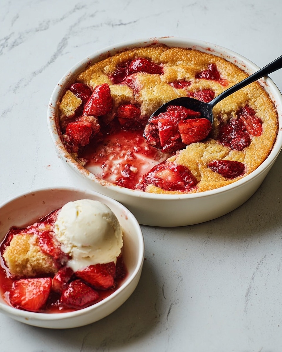 A white round ceramic dish filled with a two-layer strawberry cobbler, showing a soft golden-brown cake base topped with bright red cooked strawberry chunks, some sunk into the cake, with juicy juices soaked slightly into the cake surface; a black spoon rests inside the dish, holding a scoop of the cobbler with a mix of cake and strawberries, with some red syrup smeared along the dish edges; near the main dish is a white bowl containing a serving of the same strawberry cobbler alongside a round scoop of creamy vanilla ice cream on top, all placed on a white marbled surface; photo taken with an iphone --ar 4:5 --v 7