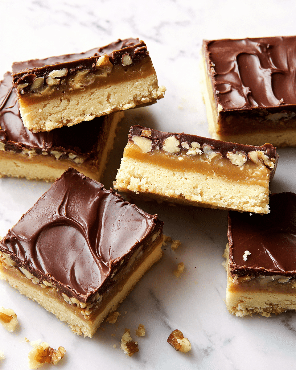 The image shows five square dessert bars laid on a white marbled surface, each with three distinct layers: the bottom layer is a pale, crumbly cookie crust, the middle layer is a light golden caramel with bits of walnut embedded, and the top layer is a smooth, glossy dark chocolate spread evenly across each bar. The chocolate layer has slight textured swirls, and the walnut pieces in the caramel layer add a rough texture visible through the chocolate. Some crumbs are scattered around the bars, adding a casual touch. photo taken with an iphone --ar 4:5 --v 7