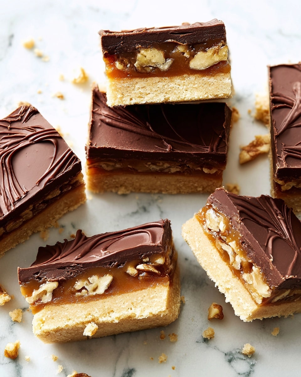 The image shows several square and rectangular dessert bars laid out on a white marbled surface. Each bar has three visible layers: the bottom layer is a light beige, crumbly shortbread base, the middle layer is a golden, sticky caramel filled with chunks of walnuts, and the top layer is a smooth, glossy dark chocolate coating with swirled texture. Some bars are stacked, showing a clear cross-section of all three layers, while others lie flat with the chocolate side up. Small crumbs are scattered around the bars, highlighting their crumbly texture. Photo taken with an iphone --ar 4:5 --v 7