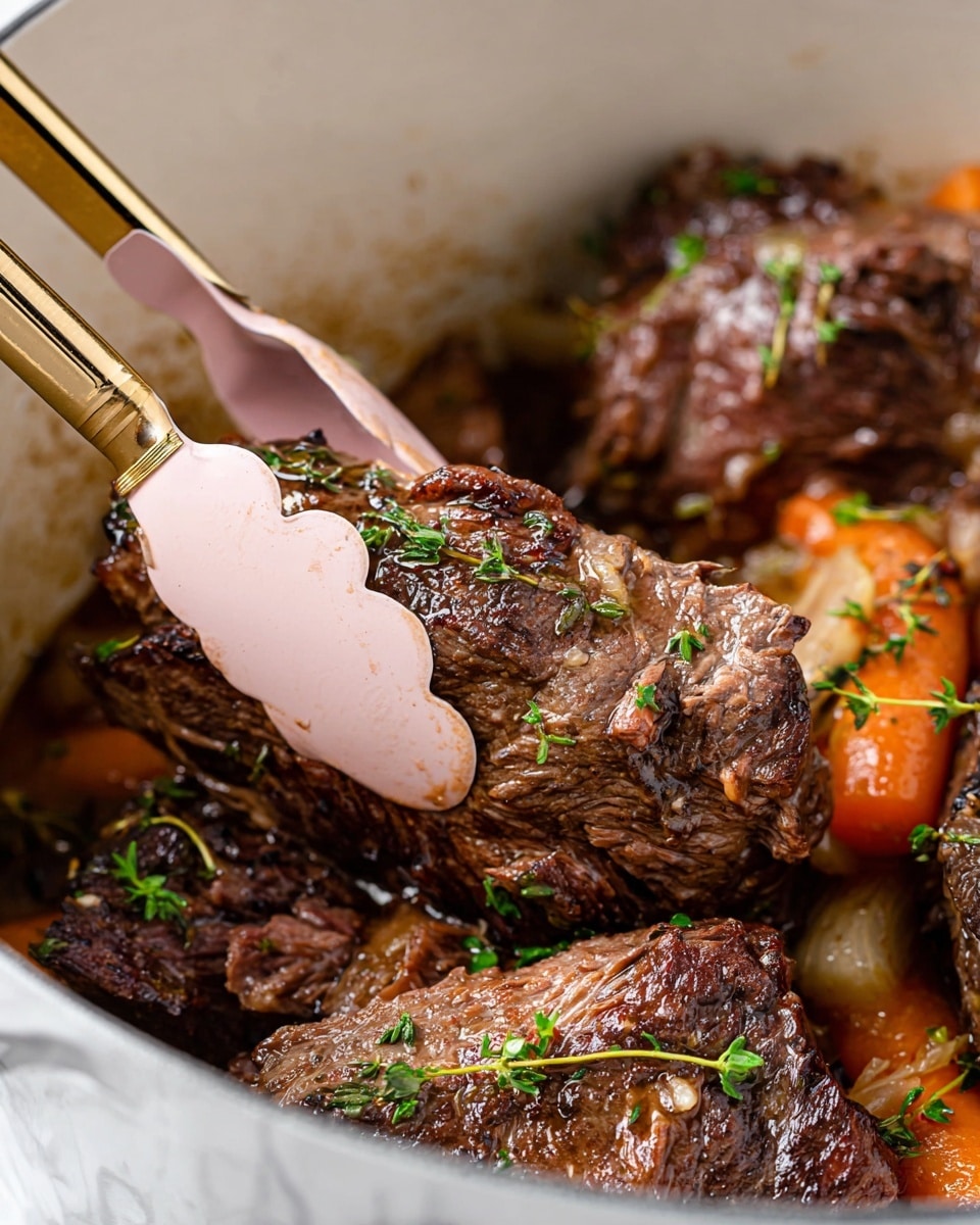 A close-up image shows several thick layers of cooked beef with rich brown and slightly pink textures, glistening with juices and herbs like thyme and parsley scattered on top. The beef pieces rest in a white pot with visible orange carrot pieces underneath. A pair of pink tongs with gold handles lifts one piece of beef. The background is a white marbled texture. photo taken with an iphone --ar 4:5 --v 7
