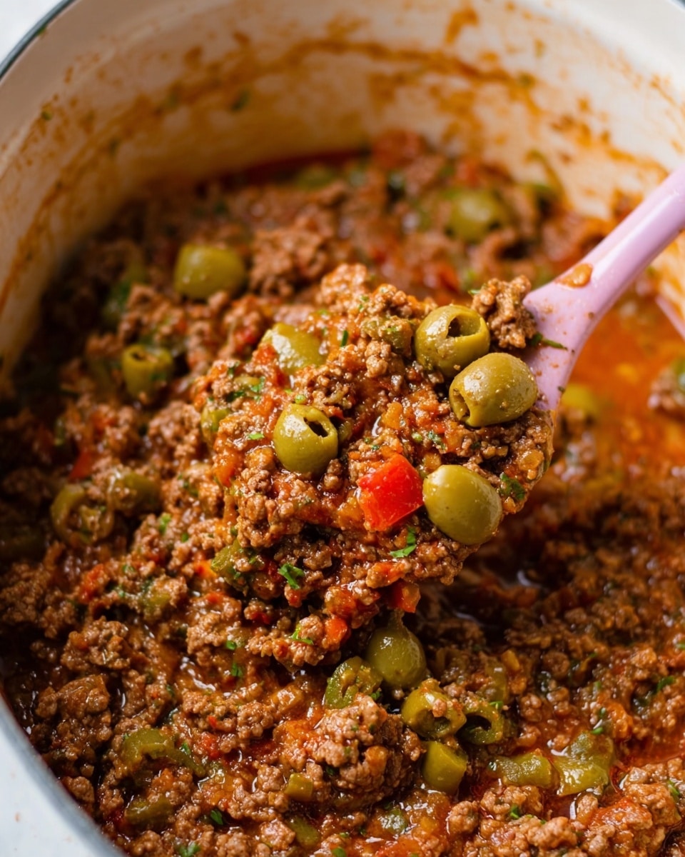 The image shows a close-up of a white pot filled with a thick mixture of cooked ground meat, bright green olives, small chopped red bell pepper pieces, and herbs. The meat has a rich brown color and a slightly saucy texture, with visible bits of onion and tomato mixed in. A pink spoon is scooping some of the mixture, lifting it slightly above the surface, while the inside of the pot shows some splatters of sauce near the edges. The overall look is hearty and chunky with warm, earthy tones. Photo taken with an iphone --ar 4:5 --v 7