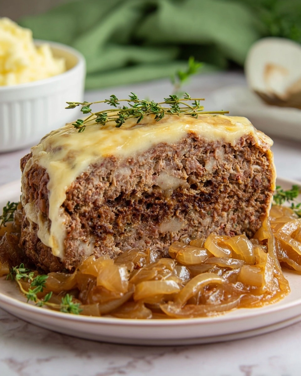A thick slice of meatloaf is placed in the center of a white plate, showing a coarse, brown, cooked ground meat texture inside. The top layer is covered with melted pale yellow cheese, which drapes slightly over the sides. On top of the cheese, there is a layer of soft, glossy, light brown caramelized onions. Surrounding the meatloaf on the plate is a generous amount of the same caramelized onions in a thick sauce with a shiny texture. Small green herb sprigs like thyme are placed on the onions for garnish. The plate rests on a white marbled surface with a blurred green background, and a white bowl with mashed potatoes is visible nearby. Photo taken with an iphone --ar 4:5 --v 7