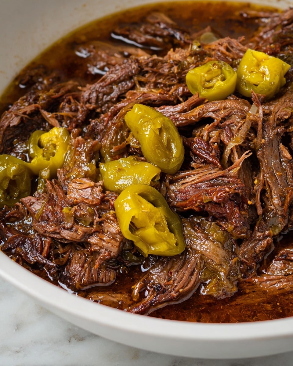 A close-up view of a white bowl filled with shredded brown cooked meat soaking in a rich, dark sauce. Scattered on top are several bright yellow-green pickled peppers, adding a bold splash of color against the textured meat. The glossy sauce surrounds the meat pieces, giving a moist and tender look. The bowl sits on a white marbled surface, and part of a white rim is visible on the side. photo taken with an iphone --ar 4:5 --v 7