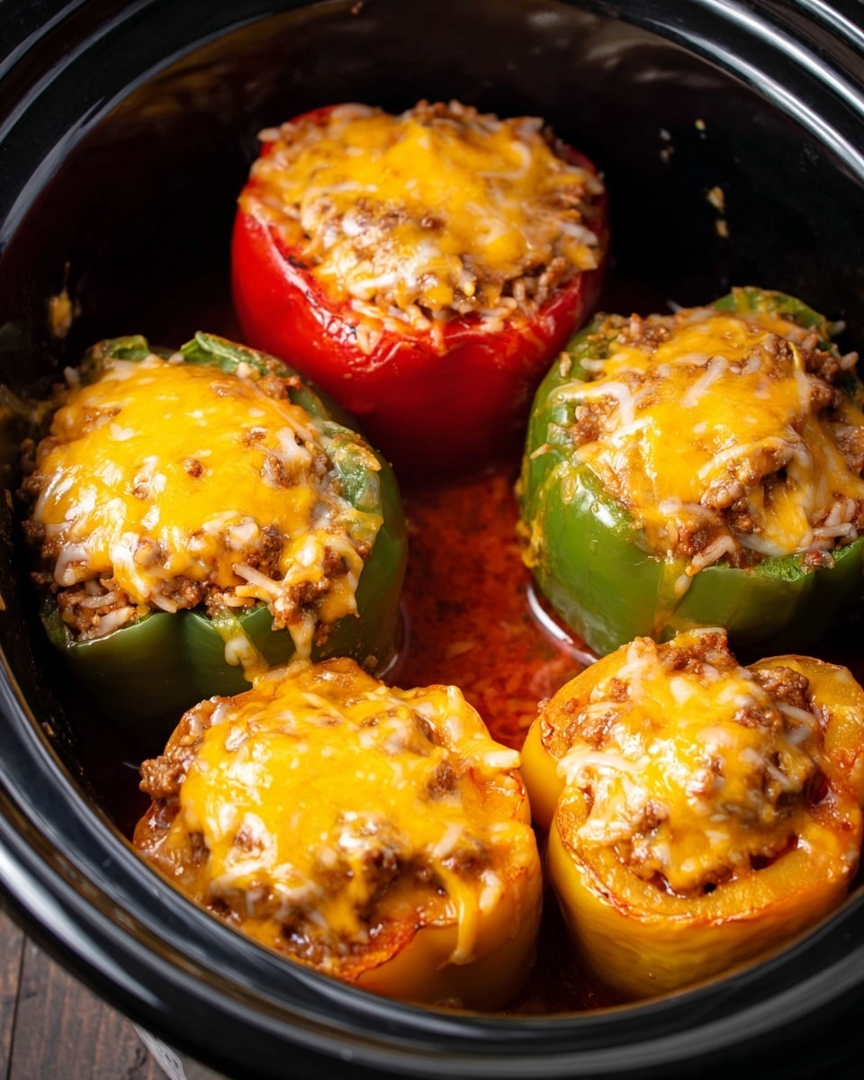 Five stuffed bell peppers sit in a black slow cooker, each filled with a mix of rice and beef visible under a thick layer of melted golden-yellow cheese on top. The peppers come in green, red, and yellow colors with a shiny, soft texture from cooking, and they are surrounded by a thin pool of reddish tomato sauce at the bottom. The close-up view highlights the cheesy melt and the hearty filling, capturing the warm, home-cooked feel with a white marbled texture barely visible at the edge of the cooker. photo taken with an iphone --ar 4:5 --v 7