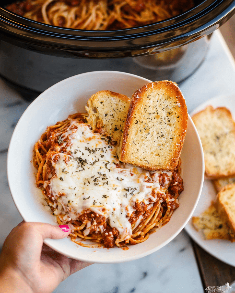 A white bowl holds a serving of spaghetti layered with a reddish-brown tomato meat sauce as the bottom layer, topped with melted, creamy white cheese that stretches and drapes over the pasta. On top of the pasta are two slices of toasted bread with a golden brown color and specks of dried herbs, placed leaning against each other. A woman's hand with pink nail polish holds the bowl, and in the background, a slow cooker with more pasta and melted cheese inside is visible, all set on a white marbled surface. photo taken with an iphone --ar 4:5 --v 7