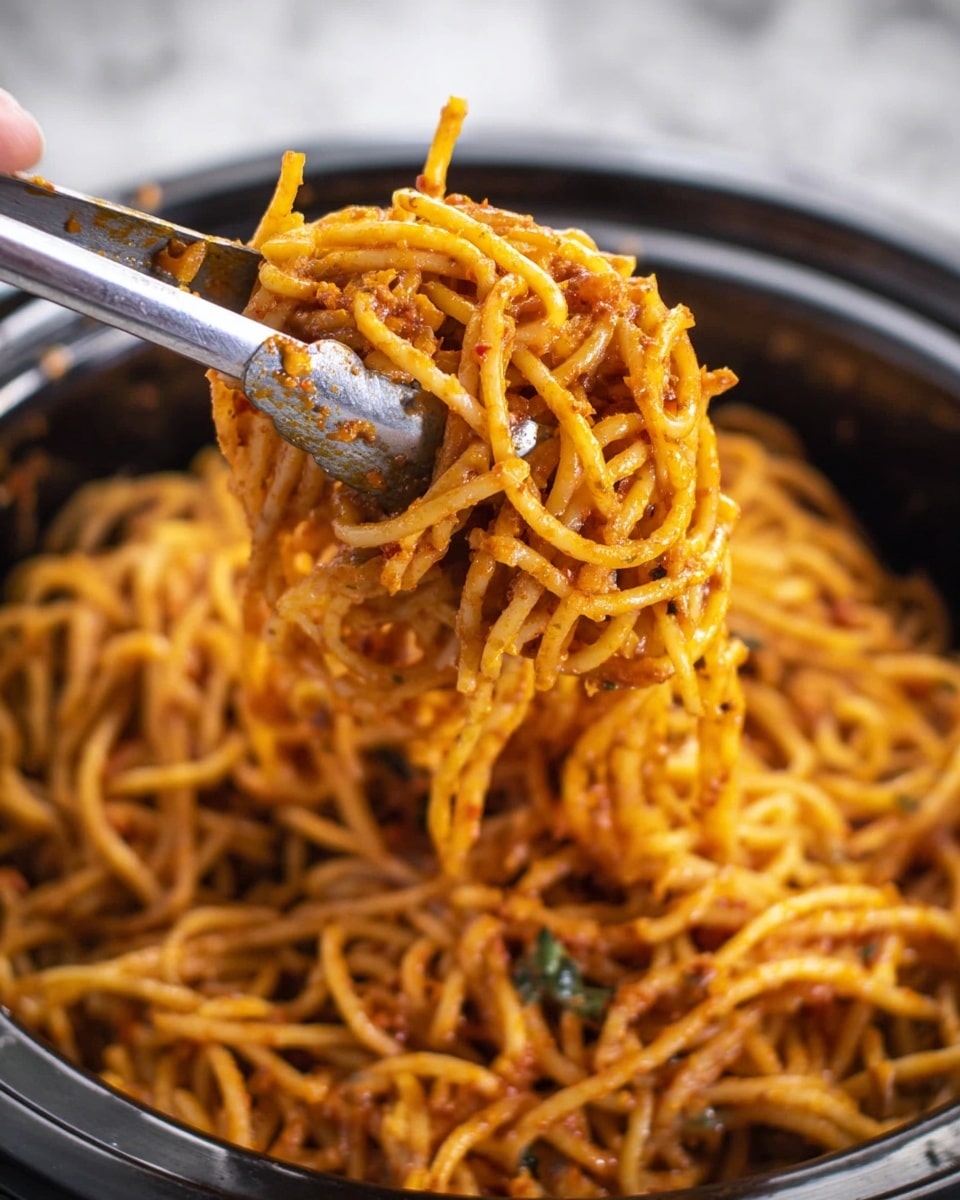 A close-up view of a clump of cooked spaghetti pasta coated in a reddish-orange sauce with small bits of spices and herbs. The pasta strands are thick and twisted, being held by silver metal tongs. In the blurred background, more spaghetti sits inside a black cooking pot. A woman's hand holds the tongs on the left side of the image against a white marbled surface. Photo taken with an iphone --ar 4:5 --v 7