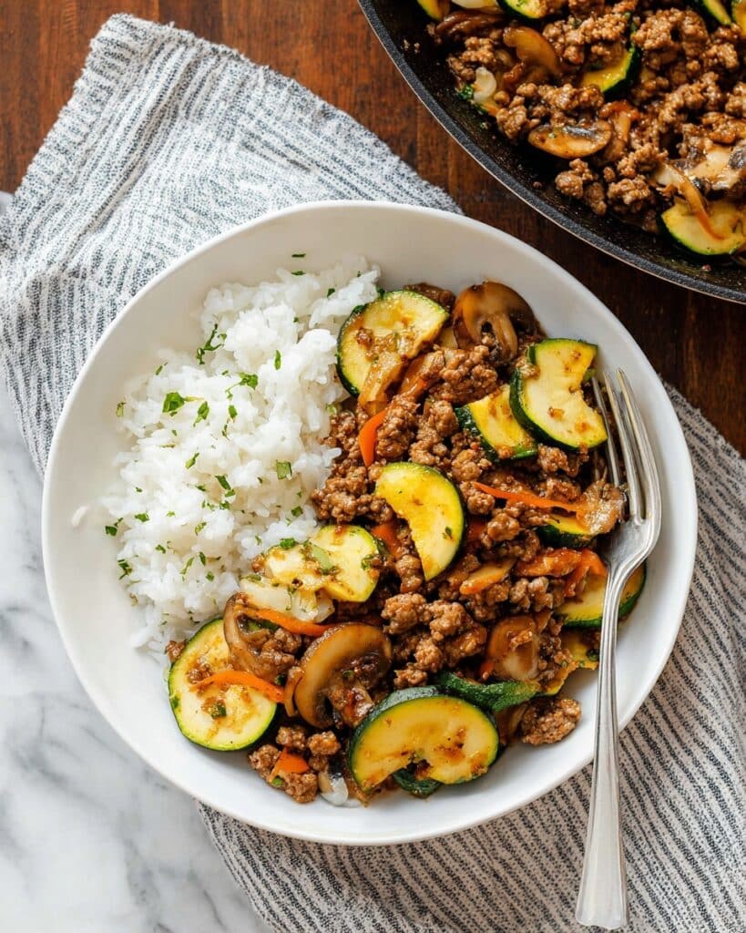 Ground Beef Stir Fry with Zucchini, Mushrooms, and Maple Soy BBQ Sauce Recipe