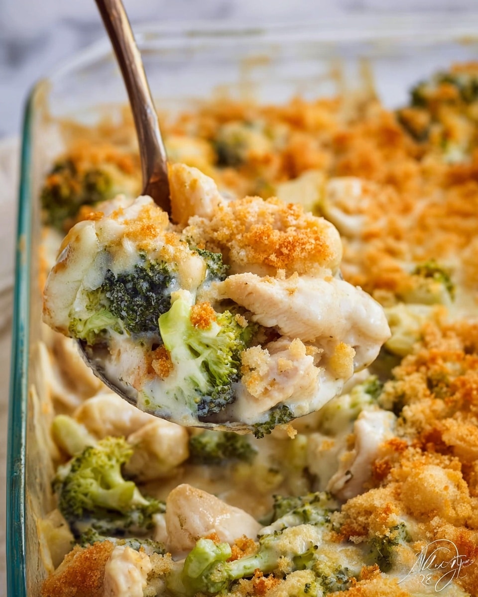 A close-up of a creamy broccoli and chicken casserole in a clear glass baking dish with a white marbled background. The casserole has three visible layers: bright green broccoli florets, chunks of white chicken pieces, and a smooth, light beige creamy sauce binding them together, topped with a golden brown crispy crumb layer. The spoon holding a portion shows a mix of all layers with the sauce coating the broccoli and chicken, and the crunchy topping scattered on top. Photo taken with an iphone --ar 4:5 --v 7