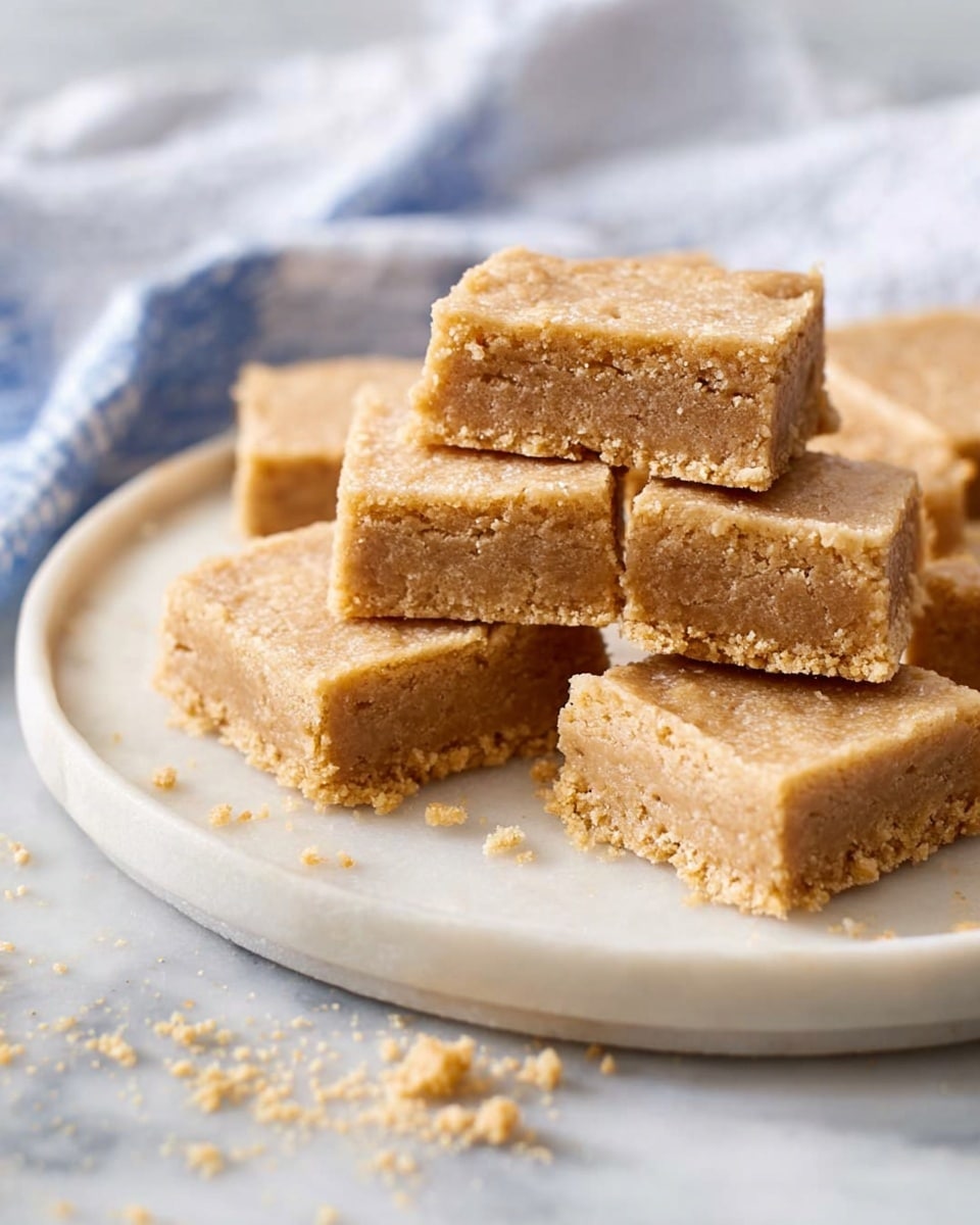 A white plate on a white marbled surface holds a group of square-shaped light brown bars with a crumbly texture. There are two layers of the bars, stacked unevenly in the center, showing a soft and dense inside with a slightly rough top surface. Crumbs are scattered around the plate, adding to the rustic look. The background is softly out of focus, with a white and blue cloth partially visible. photo taken with an iphone --ar 4:5 --v 7
