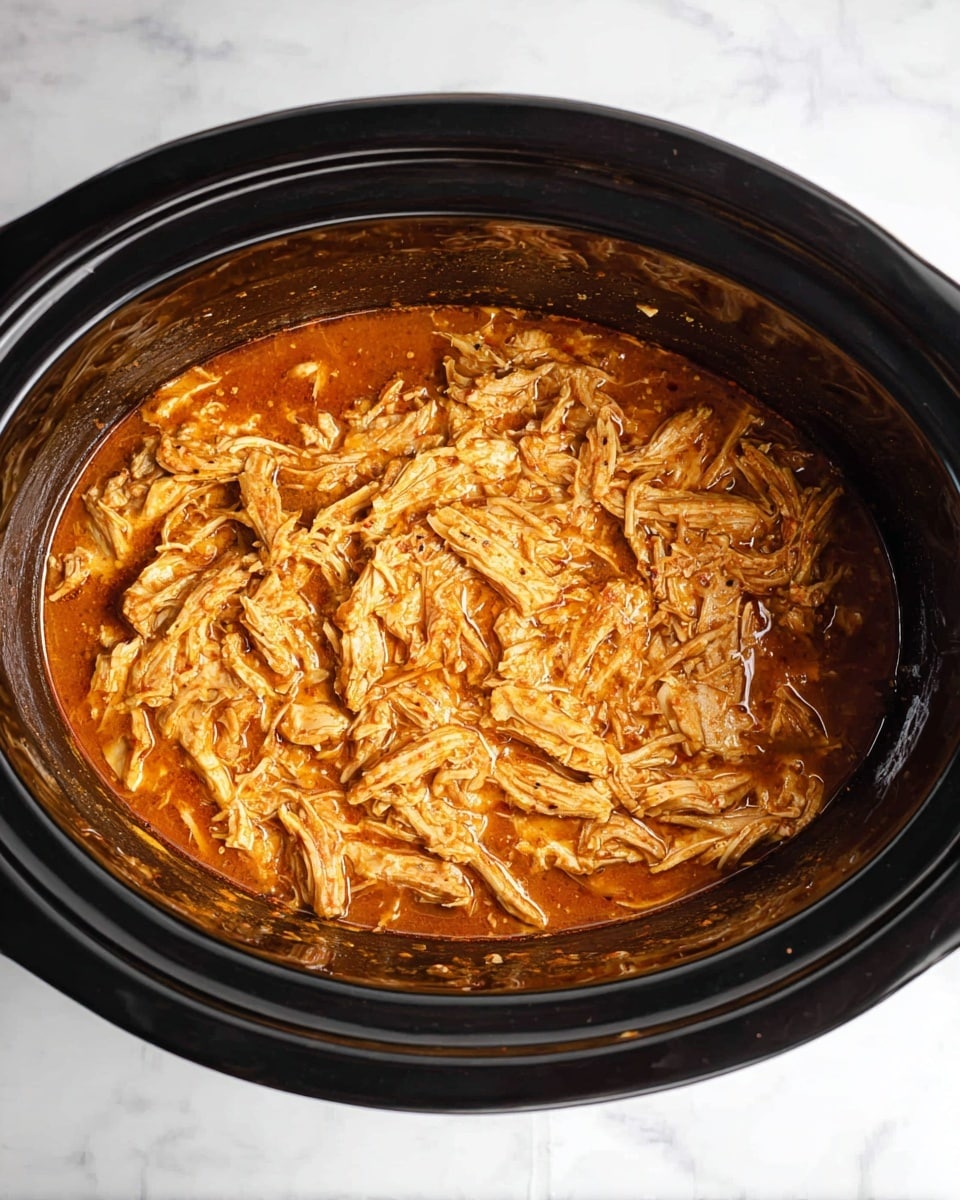 A close-up of a slow cooker filled with shredded chicken in a thick, creamy orange-colored sauce. The chicken pieces are soft and mixed well, with some fibers clearly visible. Two silver tongs with black tips are partially immersed in the chicken, resting upright inside the cooker. The slow cooker is black with a rounded edge, and the scene is set against a white marbled texture surface. photo taken with an iphone --ar 4:5 --v 7