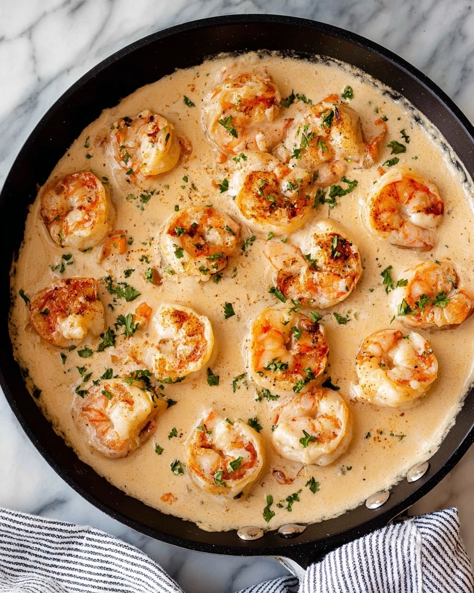 A black pan filled with a creamy light beige sauce, thick and smooth in texture, with around fifteen plump pink shrimp placed evenly throughout. The shrimp have slightly charred, orange-pink edges and white juicy bodies, partly submerged in the sauce. Small green parsley leaves are scattered on top, adding specks of fresh color. The pan rests on a white marbled surface, and a striped cloth peeks from the bottom right corner. Photo taken with an iphone --ar 4:5 --v 7