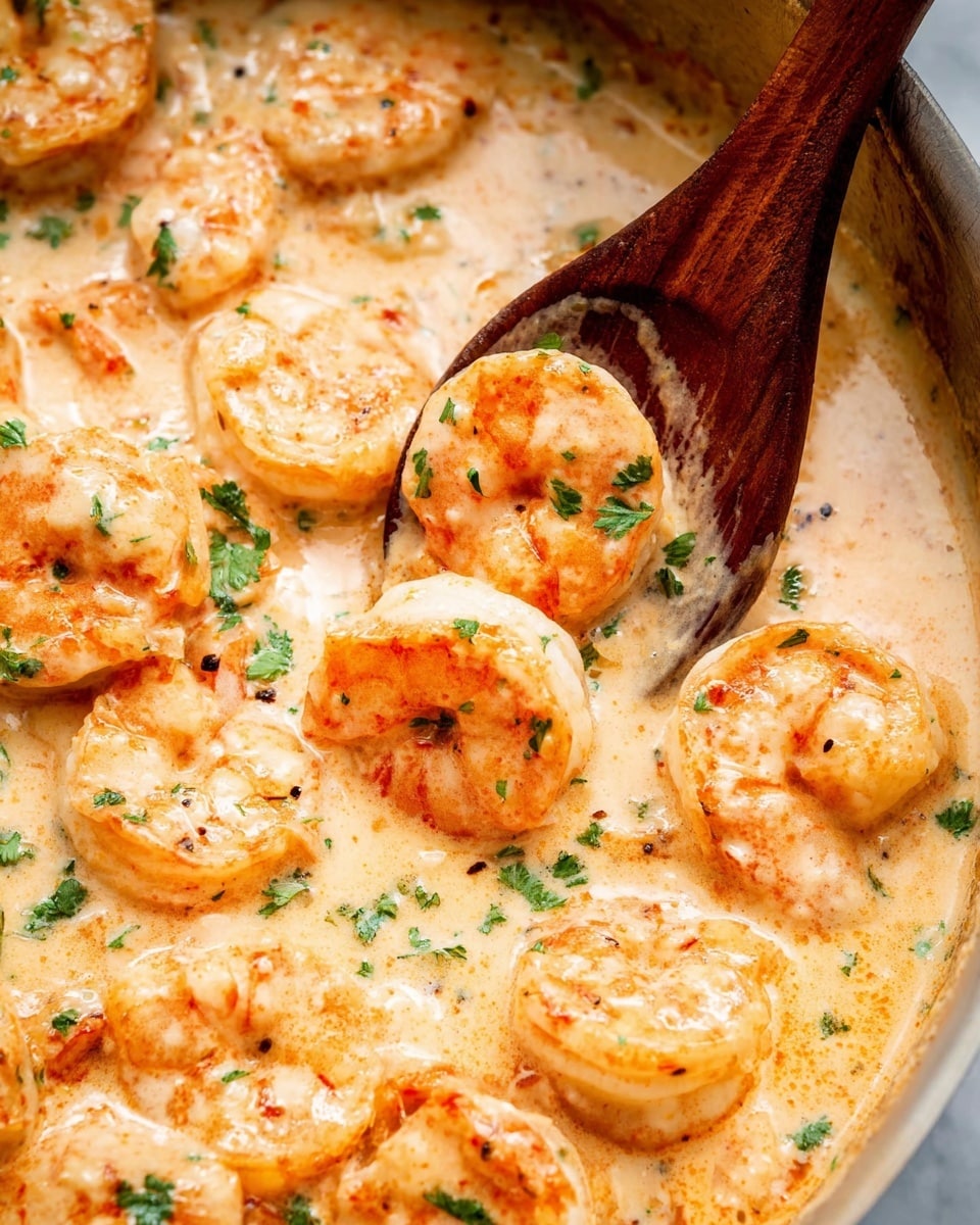 The image shows a close-up of cooked shrimp in a creamy light orange sauce with small green parsley pieces sprinkled on top. There are about ten shrimp visible, each pinkish-orange with a smooth, slightly shiny texture, covered partially in the sauce. A wooden spoon is placed on the right side, partly under some shrimp, with the sauce clinging to it. The creamy sauce has a smooth, thick consistency with small pepper specks, and the parsley adds tiny green bursts across the dish. The scene is set on a white marbled texture. photo taken with an iphone --ar 4:5 --v 7