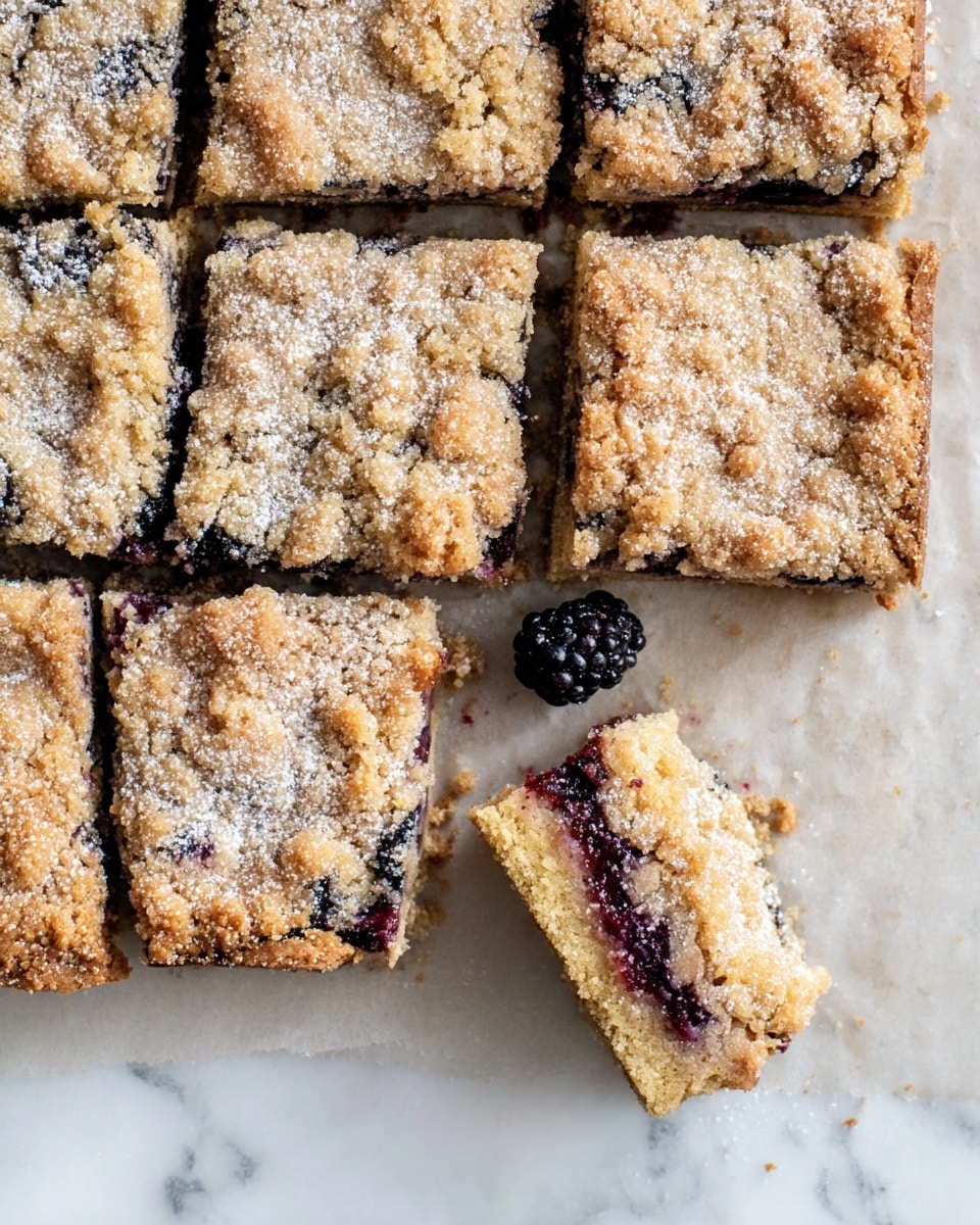 A set of square crumbly bars cut into equal pieces arranged neatly on parchment paper over a white marbled surface, each bar with a golden brown, crumbly textured top dusted lightly with powdered sugar, visible specks of dark berries scattered throughout the crumb topping and inside the layers, one bar slightly separated from the rest showing its layered crumbly crust and moist berry filling beneath, a single dark berry resting alongside the separated piece. Photo taken with an iphone --ar 4:5 --v 7