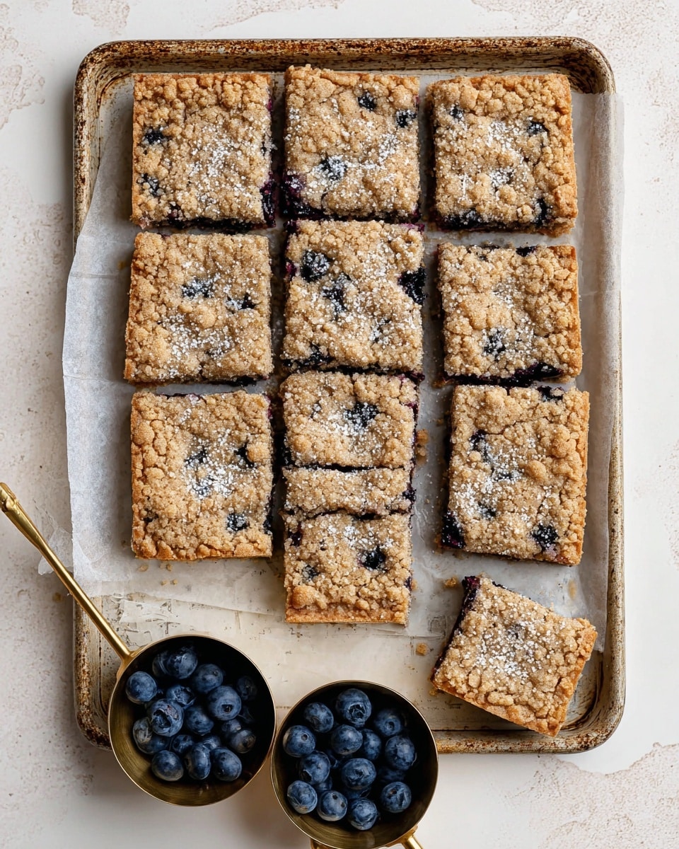 The image shows a tray of 12 square blueberry crumb bars arranged in a 3 by 4 grid on parchment paper, with one square bar separated in front near two gold measuring cups filled with fresh blueberries on a white marbled surface. Each crumb bar is golden brown with a crumbly textured top sprinkled lightly with powdered sugar, and visible dark blueberries inside the bars. The tray is slightly worn, adding a rustic feel to the scene. Photo taken with an iphone --ar 4:5 --v 7