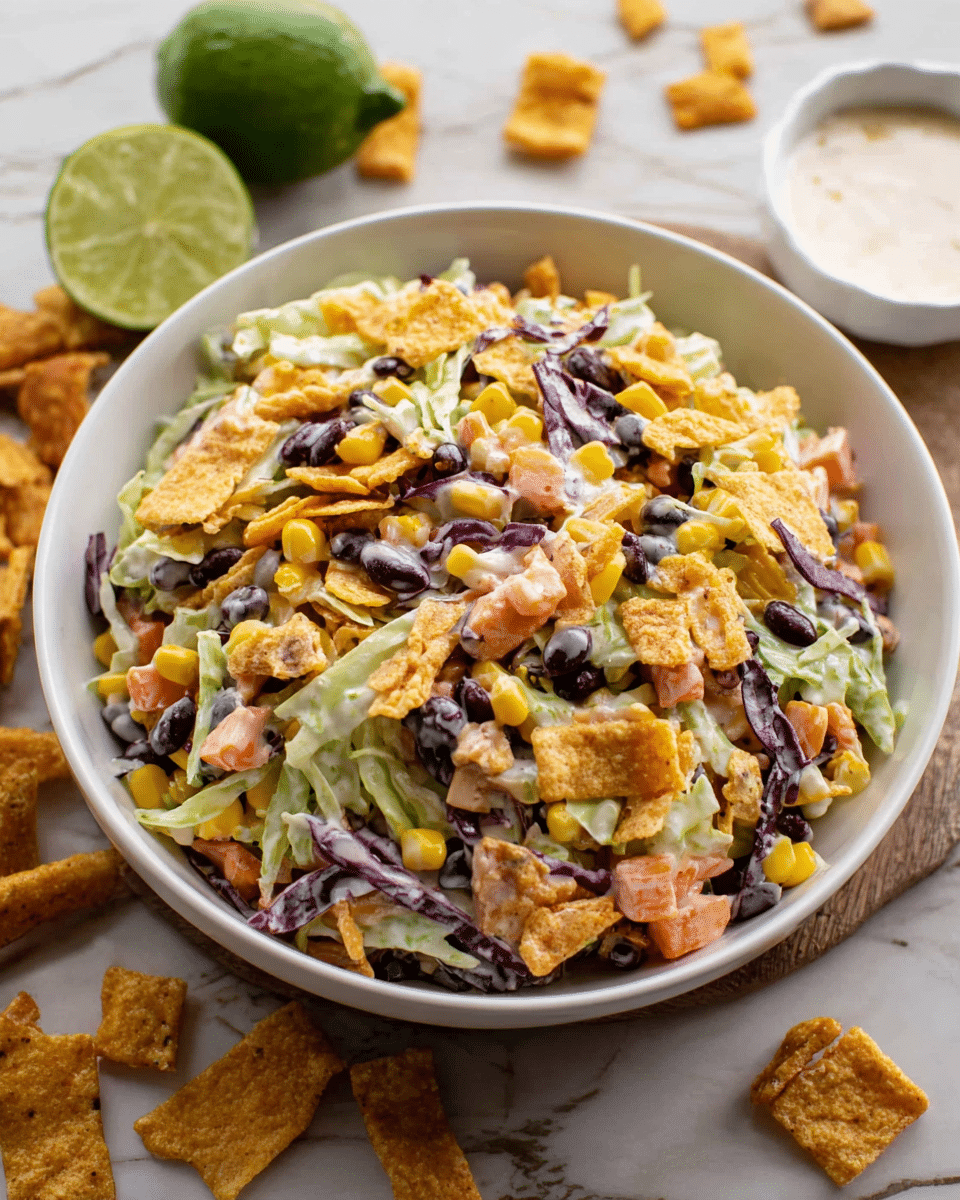 A white bowl is filled with a mixed salad showing about four layers of ingredients: shredded light green and purple cabbage as the base, small pieces of bright orange carrots mixed throughout, yellow corn kernels and black beans scattered evenly, and topped with some crunchy-looking, dark yellow snack pieces. The salad is creamy with a light coating. The bowl is placed on a white marbled surface with a lime half and a small white bowl of dressing nearby, along with some extra crunchy snack pieces scattered around. photo taken with an iphone --ar 4:5 --v 7