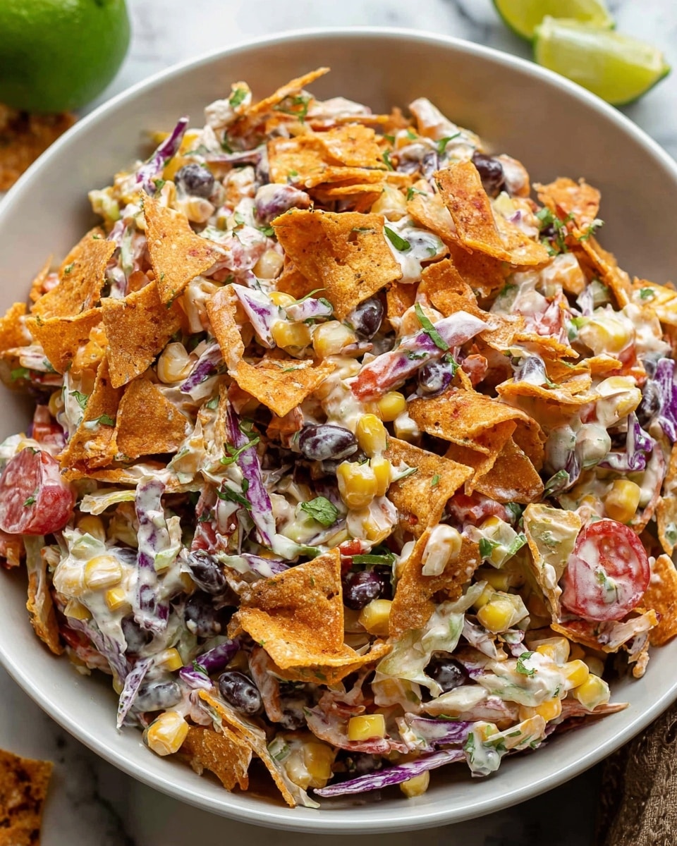 A white bowl filled with a colorful layered salad consisting of orange and red crispy corn chips mixed with creamy dressing, black beans, yellow corn kernels, shredded white and purple cabbage, and small pieces of tomato and green herbs. The salad has a chunky texture with scattered chips lying on top and mixed throughout. The bowl is placed on a white marbled background with a halved green lime visible nearby. photo taken with an iphone --ar 4:5 --v 7