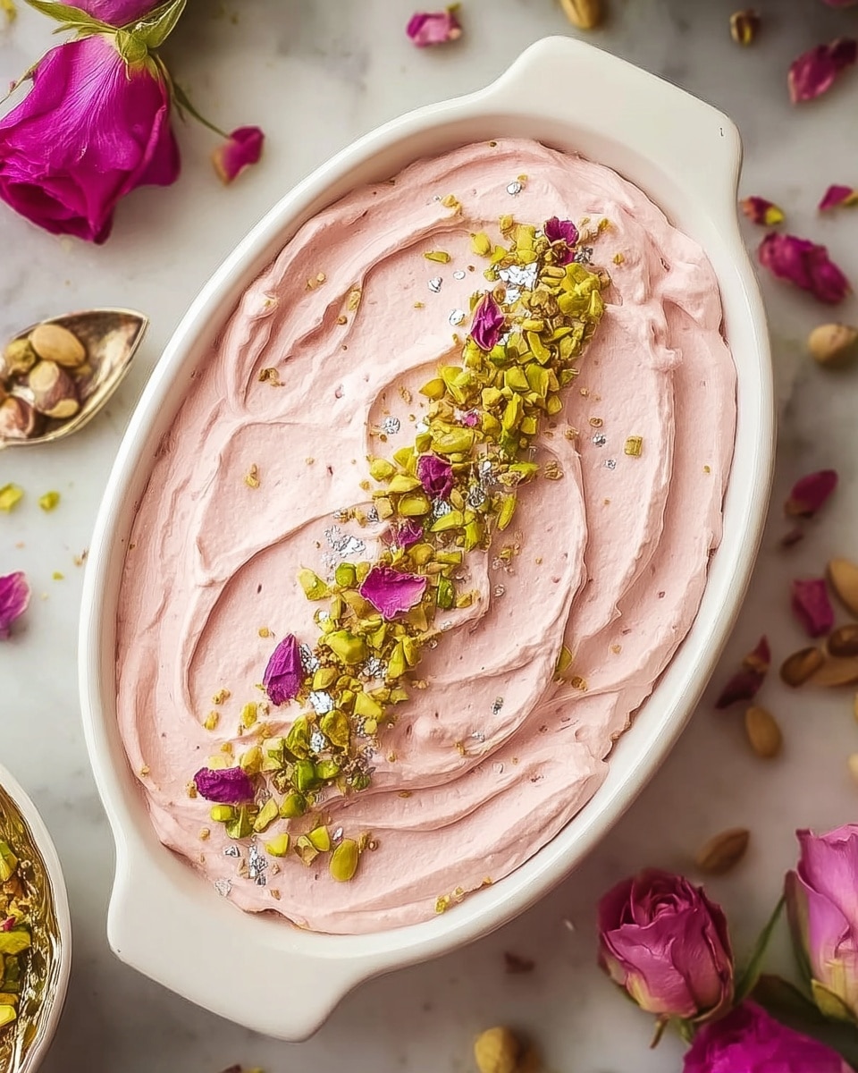 An oval white dish holds a smooth, thick layer of pale pink cream spread evenly on top. The pink cream has soft, wavy texture with small ridges made by a spatula. On the center, there is a line of decoration made from bright green chopped pistachios, silver shiny coated almonds, small brown powder sprinkles, and tiny purple rose petals scattered gently. The dish is placed on a white marbled surface with more rose petals and pistachios around it, giving a fresh and colorful look. Photo taken with an iphone --ar 4:5 --v 7