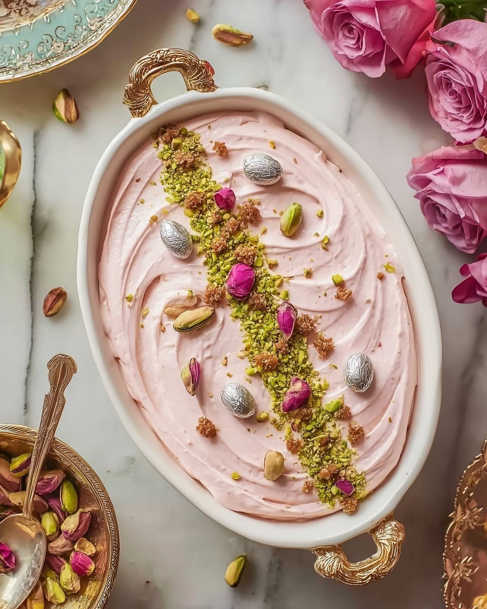 A white oval dish with ornate gold handles holds a smooth, light pink creamy layer spread evenly across the surface with soft swirls visible. This top layer is decorated with a central strip of crushed green pistachios, a few pink dried rose petals, small brown crumbly bits, and several silver-coated almonds spaced along the middle. The dish sits on a white marbled surface surrounded by pink roses and a gold-edged bowl with pistachios and dried rosebuds partially visible nearby. Photo taken with an iphone --ar 4:5 --v 7