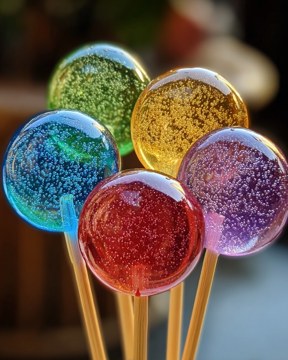 The image shows five round lollipops held close together by wooden sticks standing upright. Each lollipop is a single smooth layer of glossy, translucent candy filled with small bubbles. The colors of the lollipops from left to right are bright blue, green, red-purple, purple, and golden yellow. The light shines through each candy, making them look shiny and wet. The background is softly blurred, highlighting the clear, shiny surfaces and the bubbly texture inside each lollipop. Photo taken with an iphone --ar 4:5 --v 7