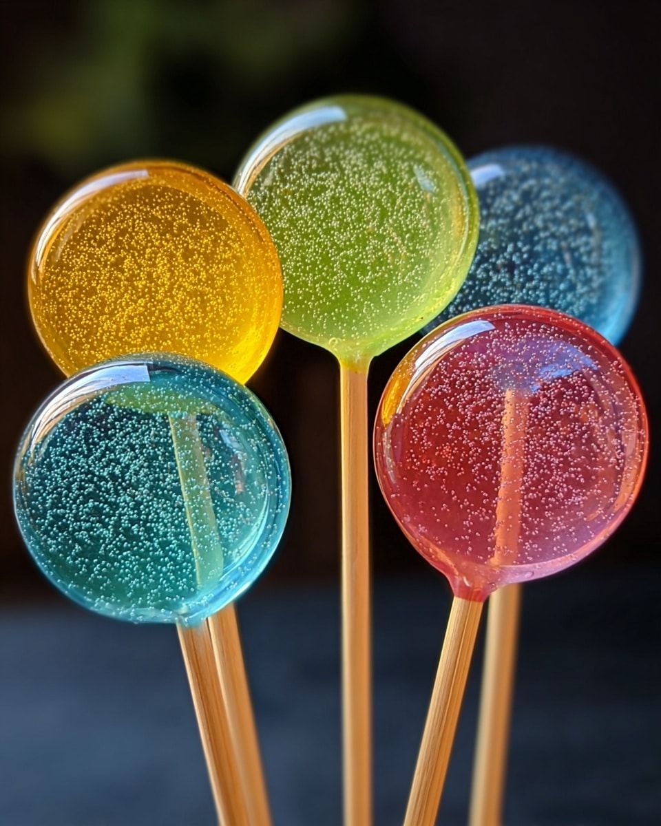 The image shows five round lollipops with clear, shiny surfaces filled with tiny bubbles. They are in different colors: yellow, green, blue, orange, and pink, all held upright by light brown sticks. The lollipops are grouped close together, positioned in the foreground with a soft dark and blurred background, which contrasts with their bright colors and glossy textures. photo taken with an iphone --ar 4:5 --v 7