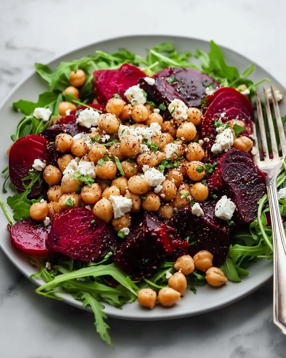The dish shows a white plate filled with fresh green arugula leaves as the base layer, topped with two layers of sliced beets – some slices bright red and others darker purple, adding rich color contrast. On top of the beets, there is a generous layer of light golden chickpeas scattered across the plate. Small white crumbles of soft cheese are sprinkled evenly on the chickpeas, with a light dusting of black pepper and some chopped green herbs adding extra texture and color. A silver fork rests on the right edge of the plate, all set on a white marbled surface. Photo taken with an iphone --ar 4:5 --v 7