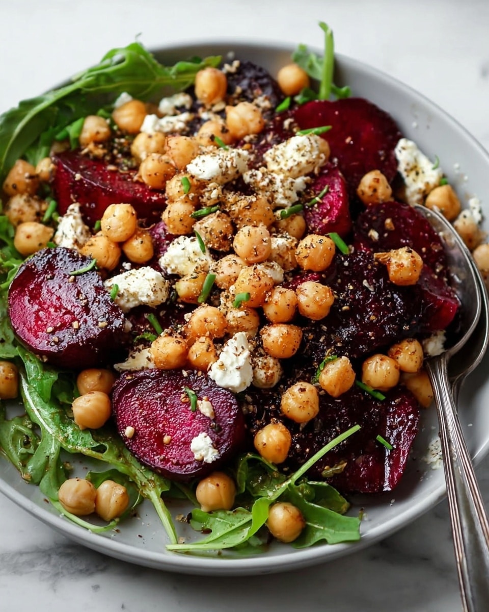 A close-up of a salad served in a white bowl, placed on a white marbled surface. The salad has three main layers: at the bottom is a bed of fresh green arugula leaves, topped with thick slices of deep red roasted beetroot, and scattered on top are light beige chickpeas. Small crumbly white pieces of goat cheese are sprinkled throughout the salad, along with tiny green herb pieces and a light dusting of black pepper and spices over everything. A silver spoon rests inside the bowl on the right side. Photo taken with an iphone --ar 4:5 --v 7