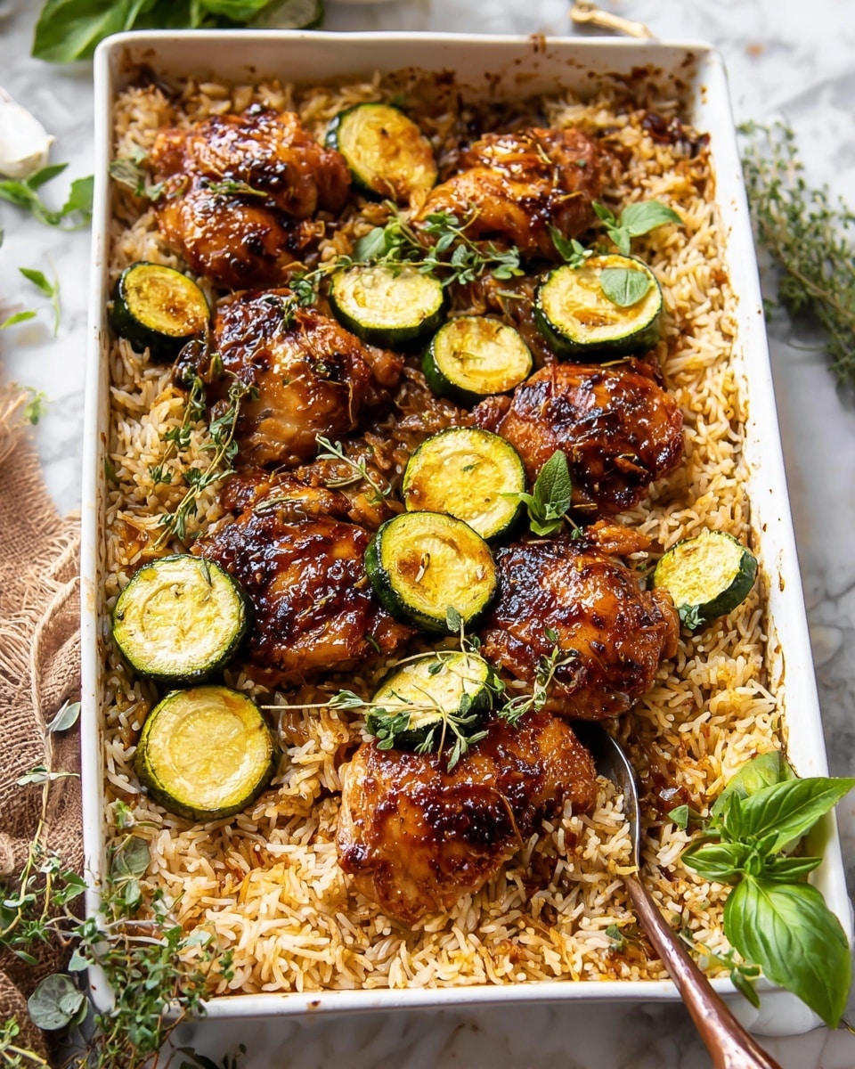 A white rectangular baking dish filled with a layer of cooked rice that is light brown with some toasted edges, topped with several pieces of browned, glazed chicken thighs that have a shiny, slightly charred surface. Among the chicken pieces are thick round slices of cooked zucchini, showing green skin and pale green interiors with slight browning. Fresh green herb leaves, including basil and small sprigs of thyme, are scattered on top, adding a pop of bright green color. A spoon rests on the edge of the dish, partially buried in the rice and zucchini, all placed on a white marbled surface with some small green herbs around. Photo taken with an iphone --ar 4:5 --v 7