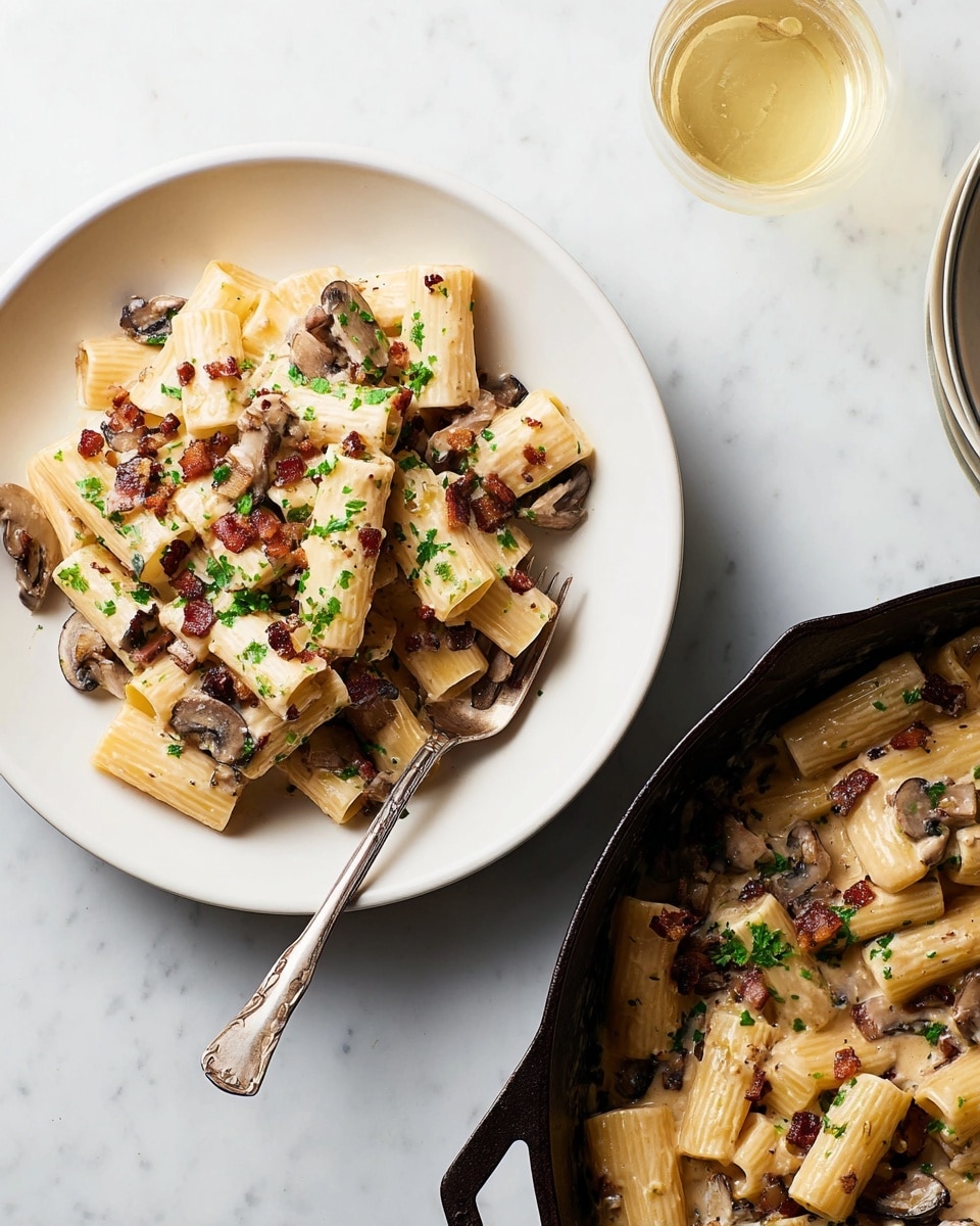 A white round plate holds a single layer of rigatoni pasta in a light cream sauce with sautéed mushrooms, bits of crispy bacon, and small pieces of chopped parsley sprinkled on top, giving green contrast. The rigatoni is pale yellow with a smooth texture, mixed evenly with brown mushrooms and tiny bacon bits. A silver fork rests on the left edge of the plate. To the right of the plate, a black cast iron skillet contains more rigatoni with mushrooms and bacon in creamy sauce on a white marbled surface. Above, there is a glass with a light yellow drink. Photo taken with an iphone --ar 4:5 --v 7