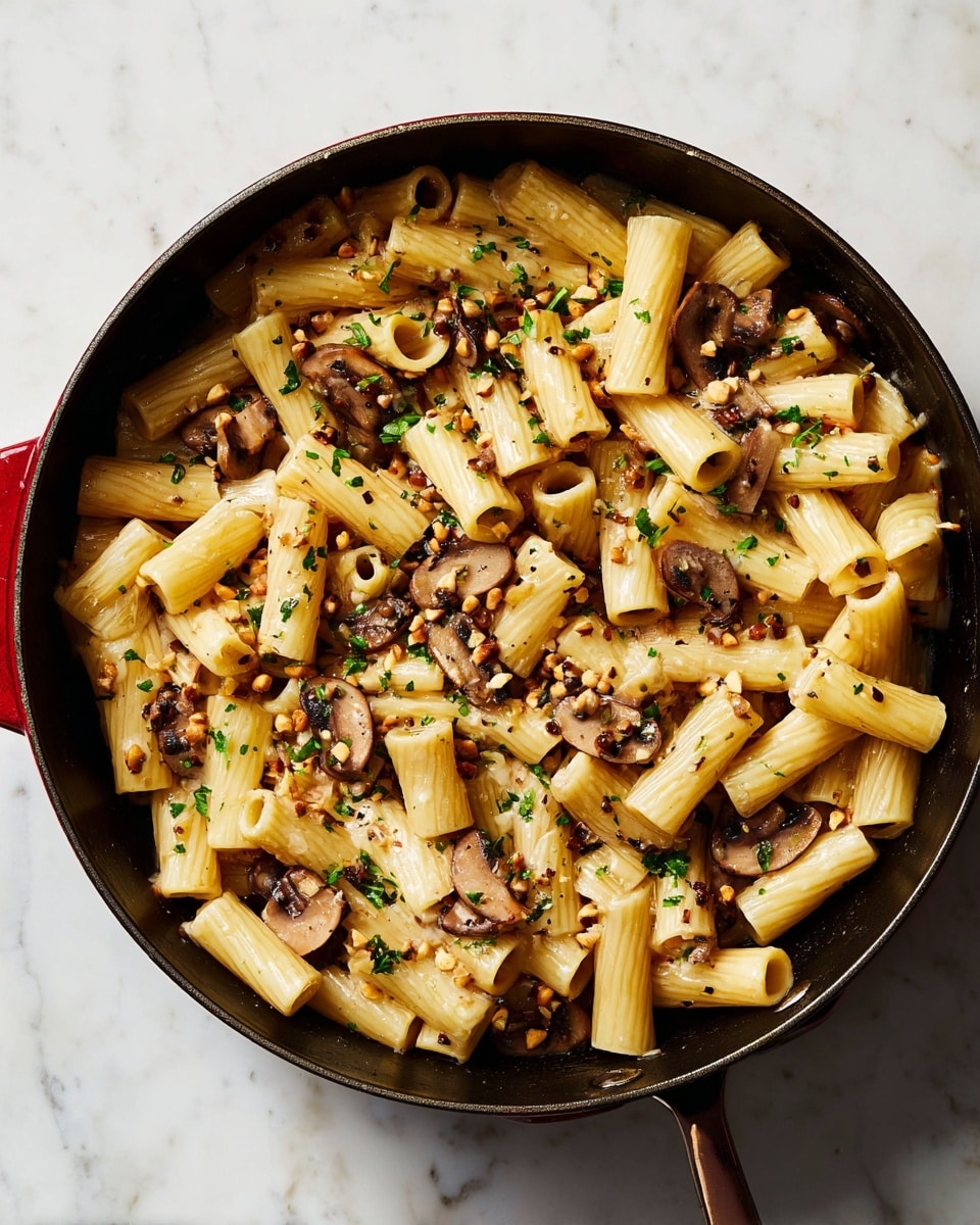 A close-up top view of a black skillet filled with cooked rigatoni pasta mixed with sliced brown mushrooms and chopped nuts scattered evenly on top. The pasta is pale yellow with a slight shine, while the mushrooms show a soft texture in light to medium brown shades. Small bright green herb pieces are sprinkled across the dish, adding a fresh color contrast. The skillet sits on a white marbled surface, highlighting the colors of the food. photo taken with an iphone --ar 4:5 --v 7