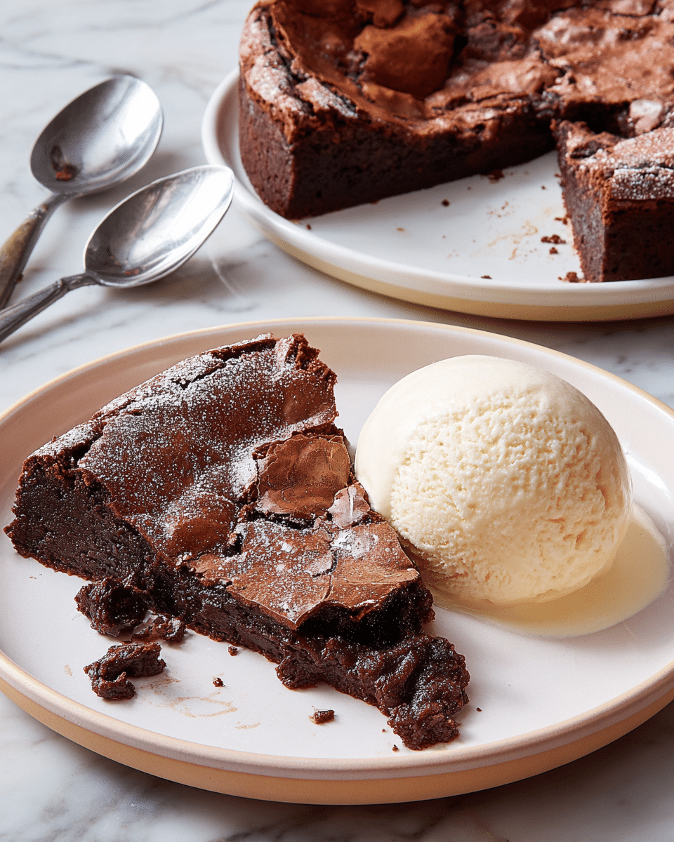A white plate holds a slice of dark brown chocolate cake with a cracked, dry top layer showing a gooey, shiny, and moist inside. Next to the cake is a round scoop of creamy white vanilla ice cream melting slightly on the side. The plate sits on a white marbled surface, and two shiny metal spoons lay nearby. In the background, the full cake is partially visible in a white plate, showing the same cracked top and dense texture. photo taken with an iphone --ar 4:5 --v 7