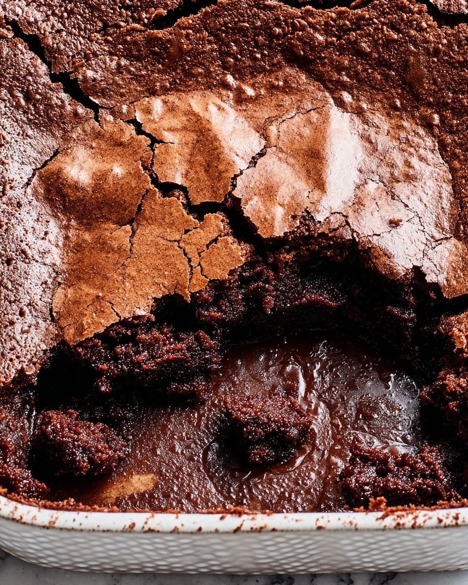 A close-up view of a single-layer chocolate brownie in a white, textured baking pan, showing a cracked, dry, light brown crust on top. Beneath this crust, the rich, dark brown interior looks moist and gooey with a shiny surface. Some small pieces of crust have broken off, revealing the dense, fudgy texture inside. The background is a white marbled texture. Photo taken with an iphone --ar 4:5 --v 7