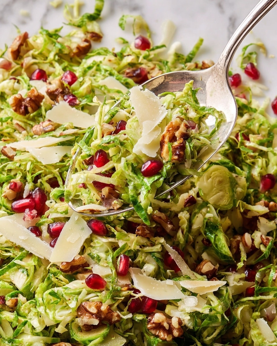 A close-up view of a shredded green Brussels sprouts salad mixed with bright red pomegranate seeds and chopped brown nuts scattered throughout, topped with thin, pale yellow cheese shavings. A silver spoon is lifting a scoop of the salad, showing the mix of soft, leafy green textures and crunchy nuts, all set on a white marbled surface. The colors are fresh and vibrant with green, red, brown, and creamy white shades visible in the ingredients, creating a fresh and healthy look. photo taken with an iphone --ar 4:5 --v 7