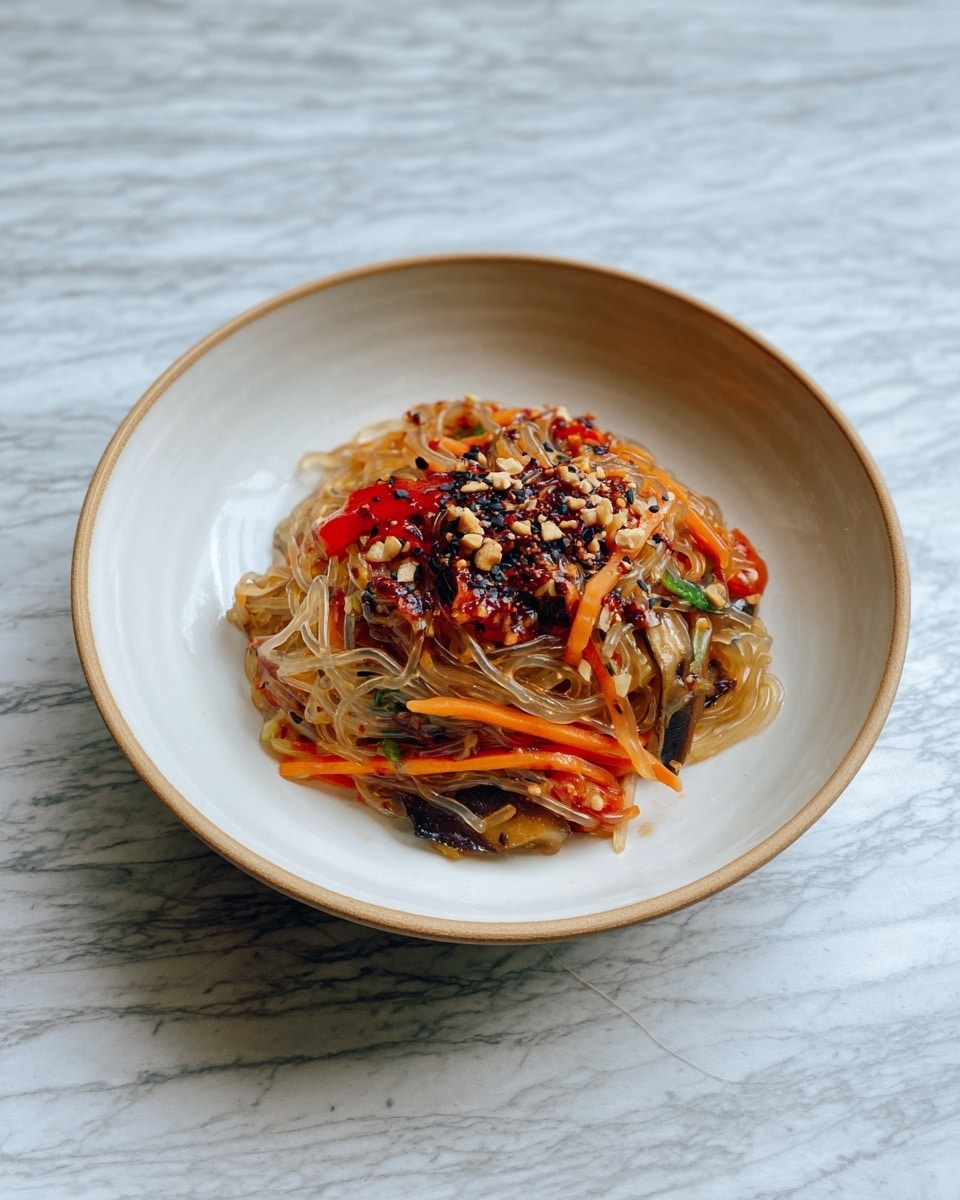 A white bowl holds a single serving of stir-fried clear noodles mixed with thin strips of orange carrots, light brown eggplant, and small slices of red tomato. The noodles and vegetables are lightly coated with a glossy sauce. On top, there is a dark red chili oil sauce sprinkled with black sesame seeds and small bits of toasted garlic or nuts, adding texture and visual contrast. The bowl sits on a white marbled surface. photo taken with an iphone --ar 4:5 --v 7