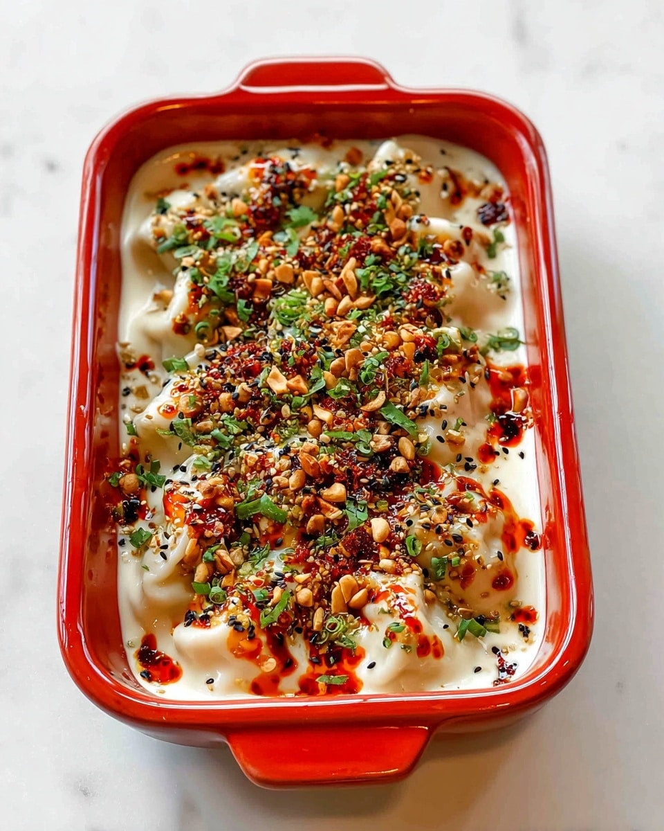 A red rectangular ceramic dish filled with one layer of soft, white dumplings covered in a thick creamy white sauce. The top is sprinkled generously with a bright red oily chili sauce, crunchy toasted nuts, black and white sesame seeds, and finely chopped green herbs, creating a mix of vibrant red, green, black, and creamy white colors. The dish is placed on a white marbled surface. Photo taken with an iphone --ar 4:5 --v 7
