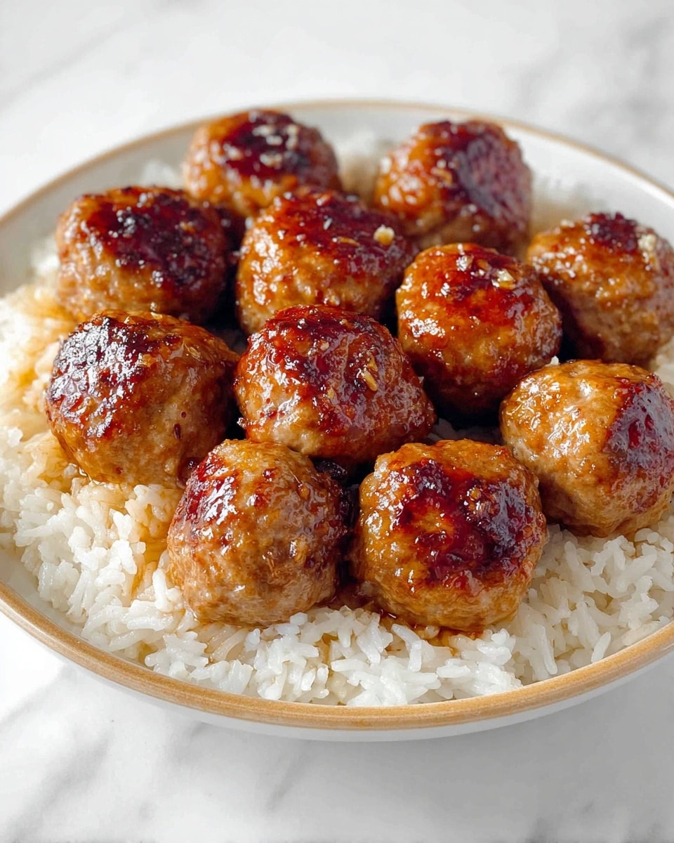 A round white plate holds a bed of soft, white rice on the bottom layer, topped closely with around ten shiny, golden-brown meatballs that have a slightly glazed and textured surface with small bits of garlic visible. The meatballs vary slightly in color from light brown to darker caramelized areas, and they are arranged in a clustered group covering the rice almost fully. The plate rests on a white marbled surface. photo taken with an iphone --ar 4:5 --v 7