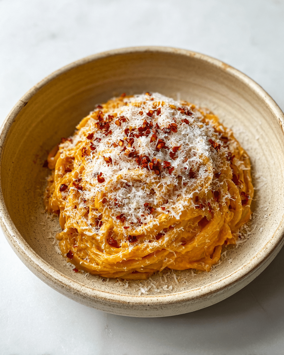 A beige rustic deep bowl holds a neat swirl of creamy orange pasta as the bottom layer, coated smoothly in a rich sauce. On top, there is a thick layer of finely grated white cheese that covers the pasta completely. Scattered over the cheese are small pieces of red chili flakes adding a speckled texture and color contrast. The bowl sits on a white marbled surface. photo taken with an iphone --ar 4:5 --v 7