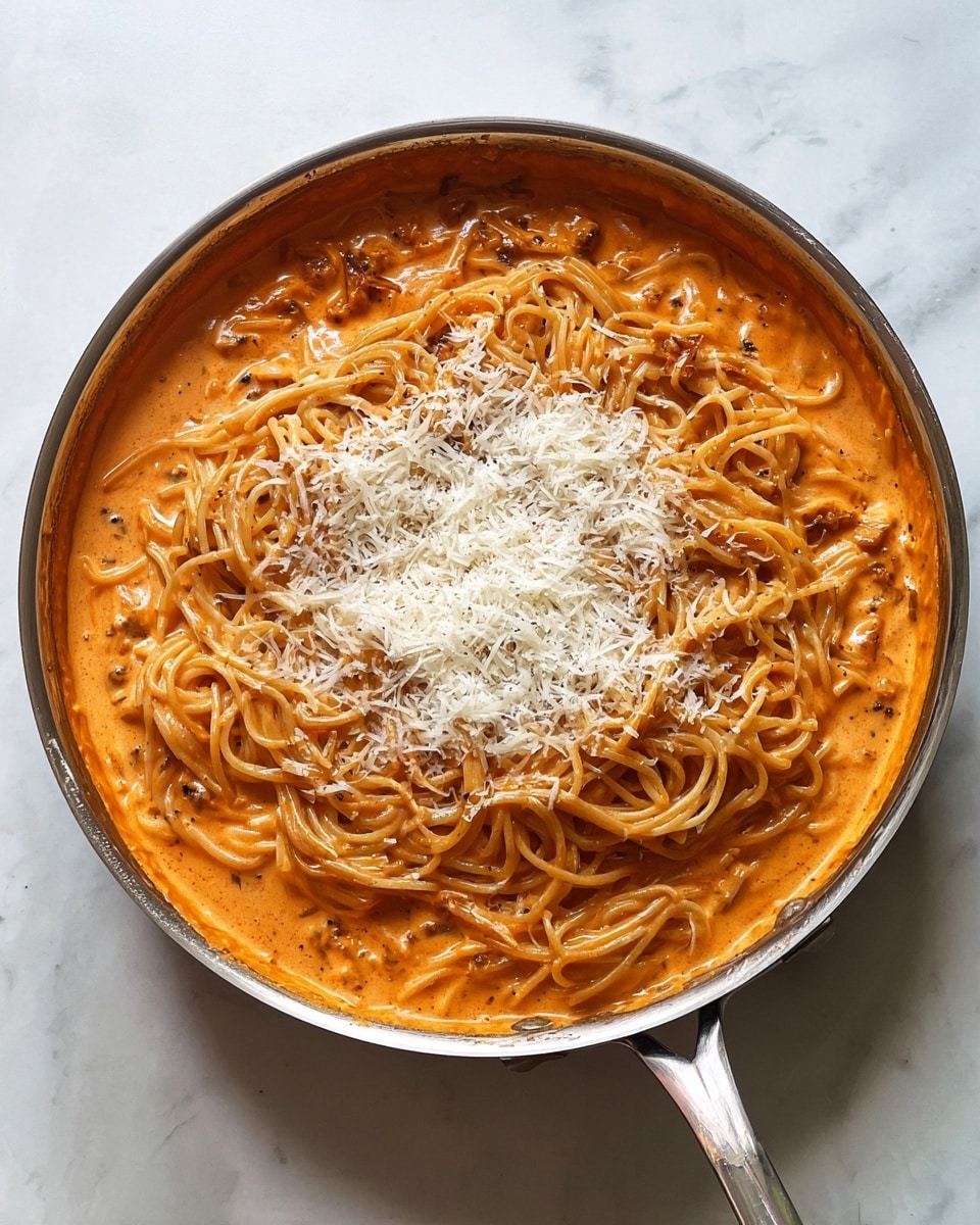 A metal pan filled with creamy orange pasta sauce covers the bottom layer, slightly bubbly and thick in texture. On top, a nest of light brown spaghetti noodles is mixed throughout the sauce, creating a textured surface. In the center, there is a generous layer of finely grated white cheese, adding a rough, fluffy texture that contrasts with the smooth sauce. The pan rests on a white marbled surface, with steam faintly rising from the pasta. photo taken with an iphone --ar 4:5 --v 7
